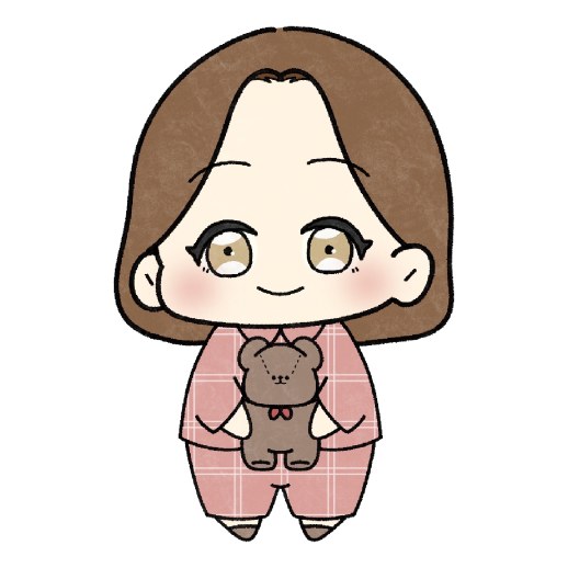 ピンクのチェック柄のパジャマを着て、くまのぬいぐるみを抱いた女の子のちびキャラのイラスト