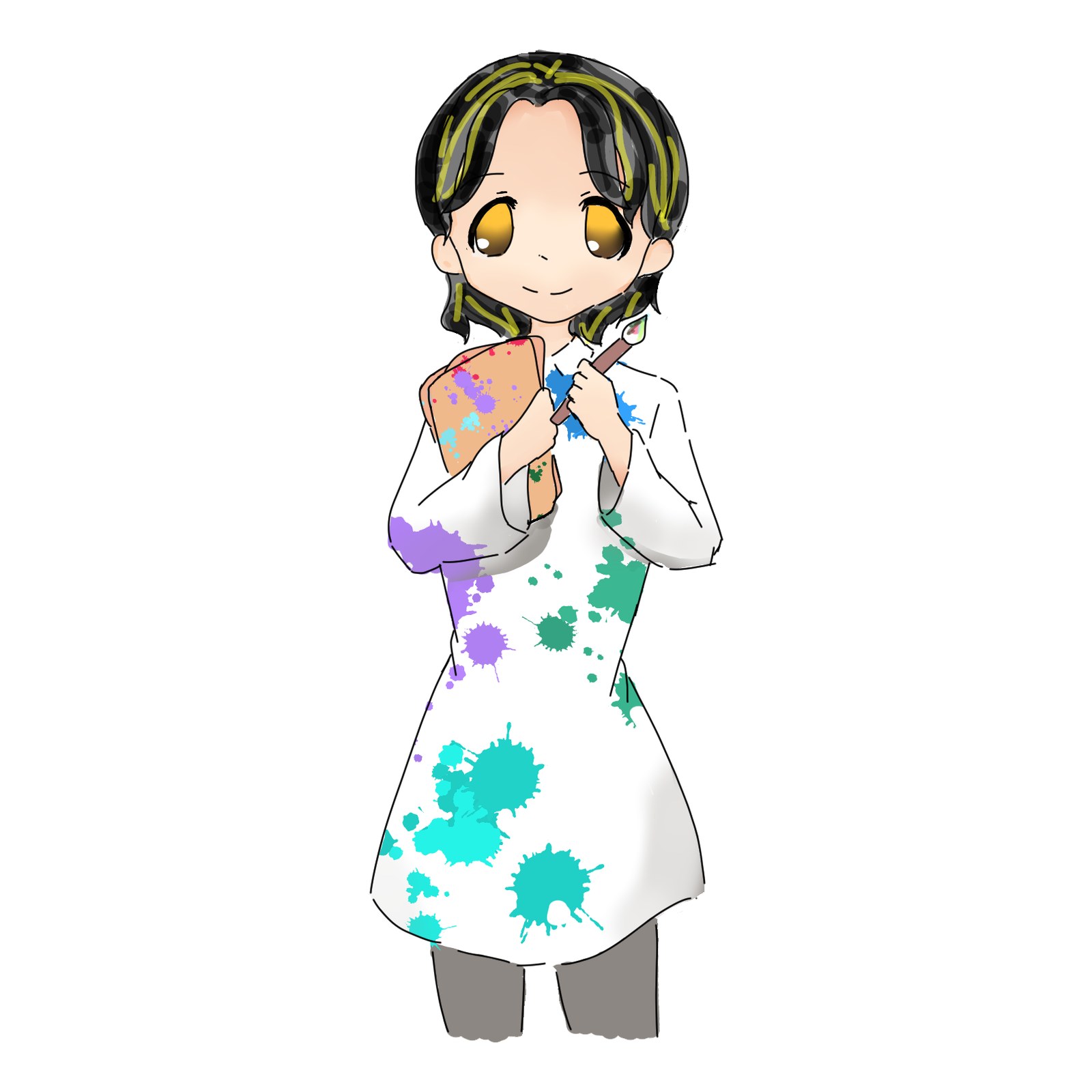 絵の具が飛び散った白い上着を着て、パレットと筆を持ってほほえむ黒髪の女の子のイラスト