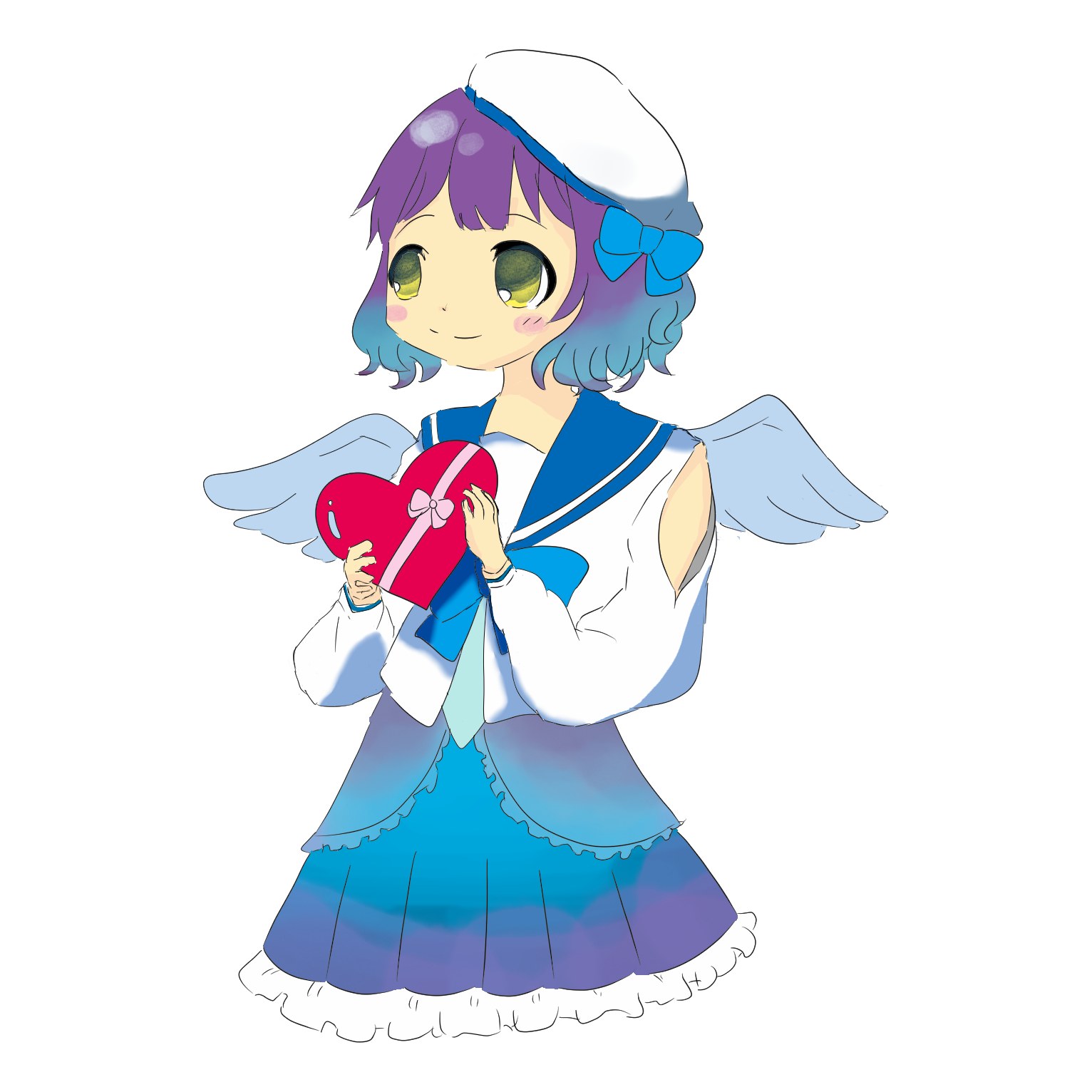 白いベレー帽と水色の羽をつけ、セーラー服で赤いハート型の箱を抱えた女の子のイラスト