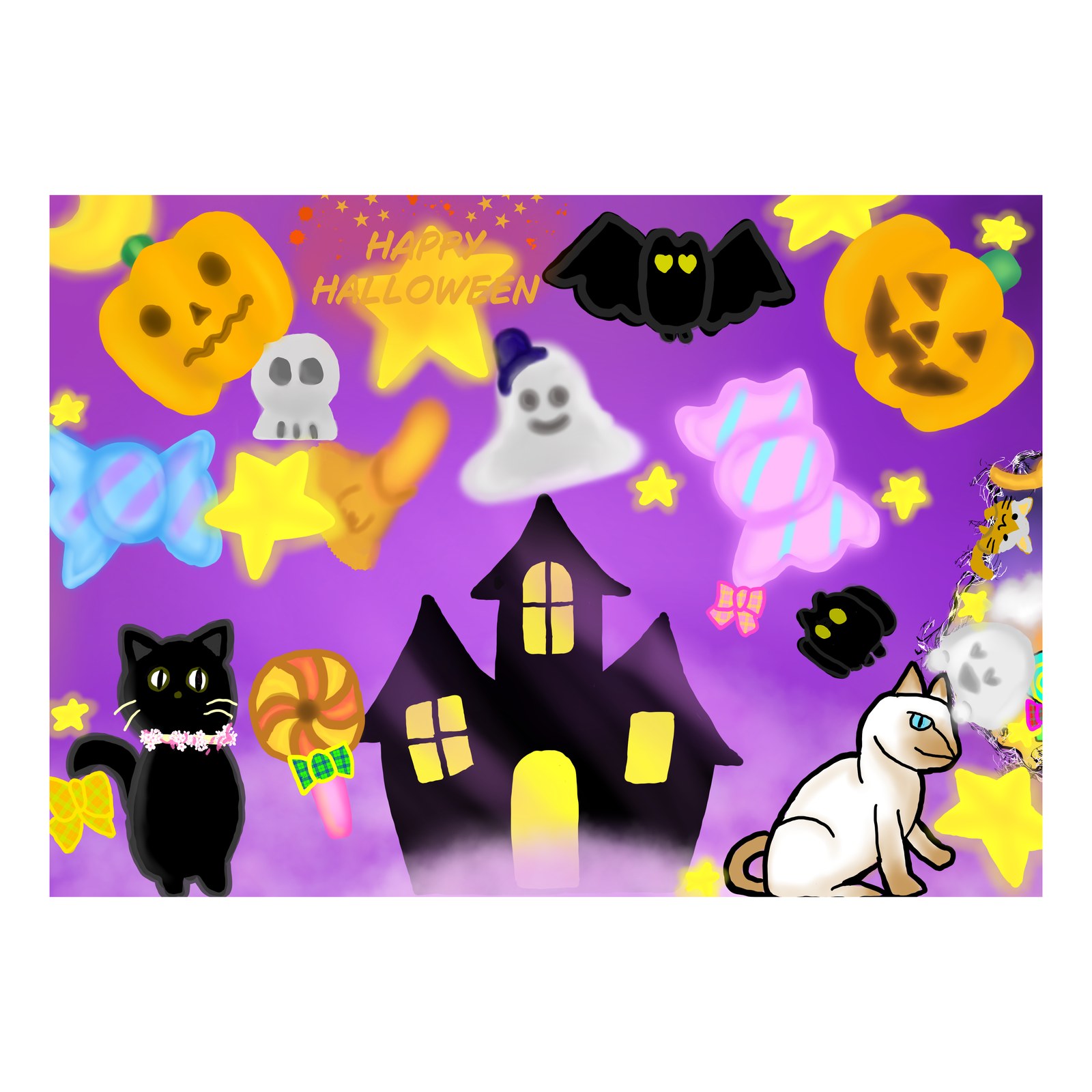 紫の夜空にかぼちゃやコウモリ、おばけやお菓子が浮かび、おばけ屋敷と黒猫・白猫がいるハロウィンの絵