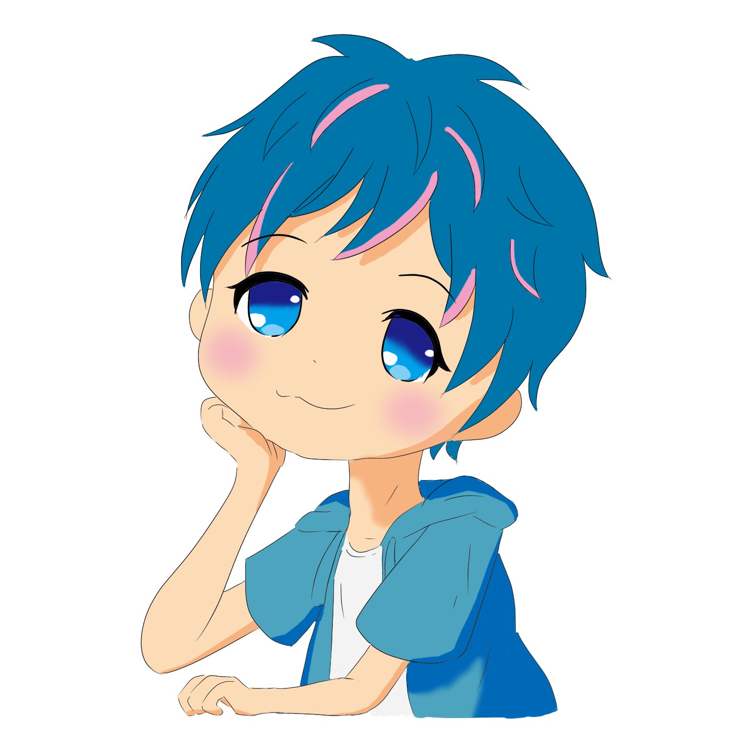 青い髪にピンクのすじが入り、水色のパーカーを着てほおづえをついてほほえむ男の子のイラスト