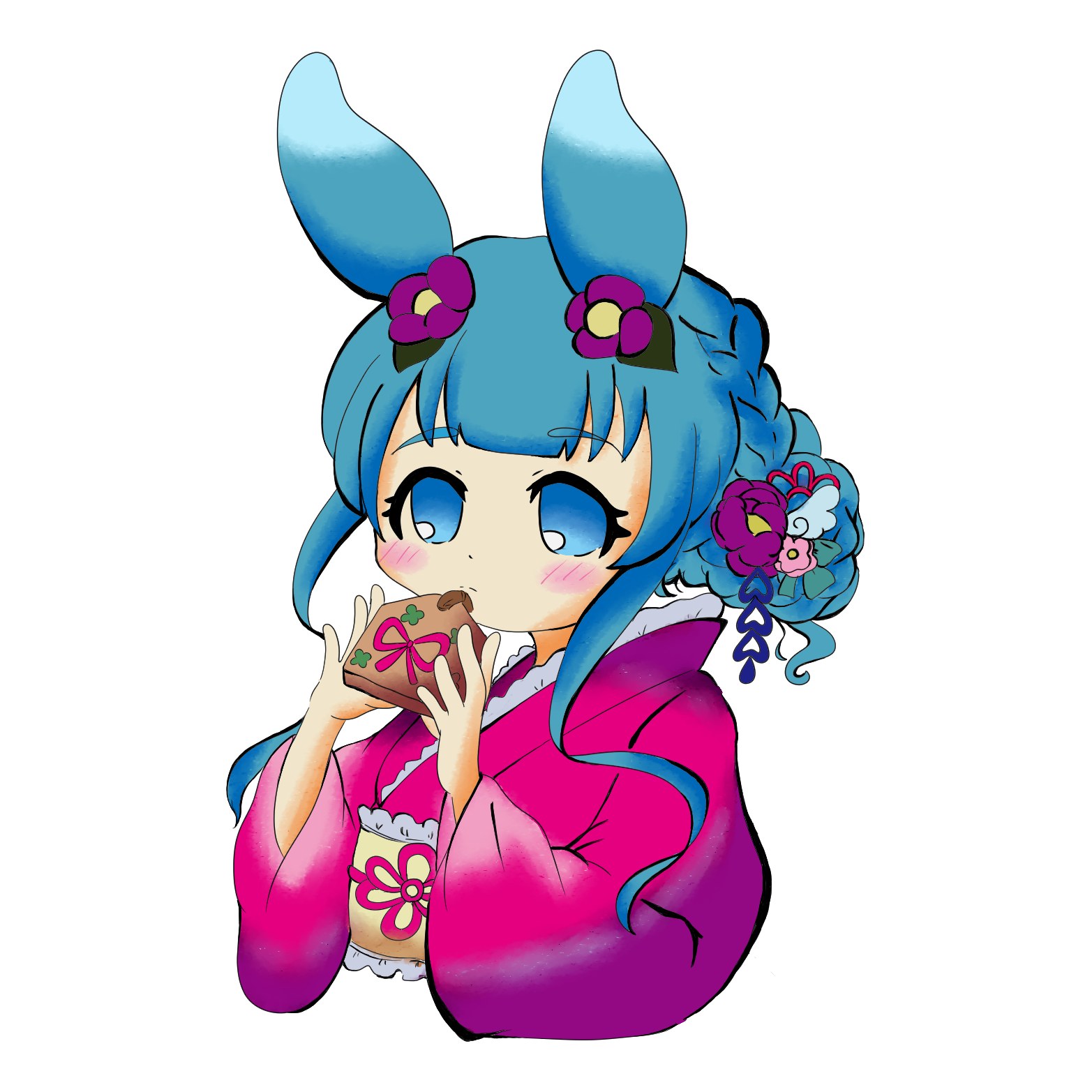 うさぎの耳と青い髪の女の子が、ピンクの着物姿でリボン模様のお菓子を両手で持って食べるイラスト