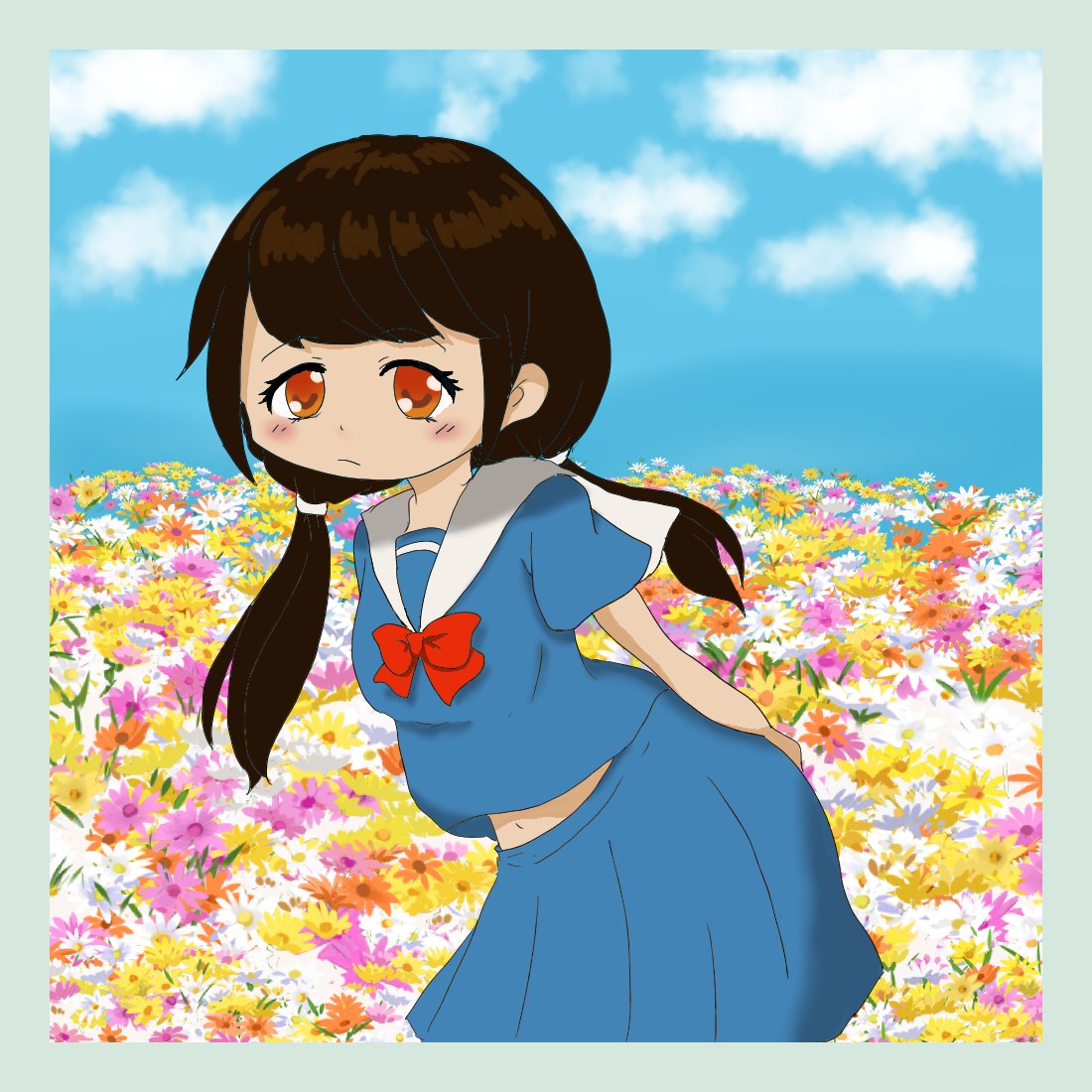 青いセーラー服の女の子が、色とりどりの花が咲く野原で青空を背に立っているイラスト