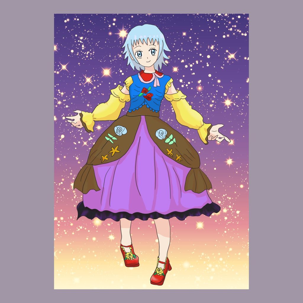 利用者作品:水色の髪の女の子が、きらめく星空を背に、ふくらんだ茶色と紫のドレスで立つ全身イラスト