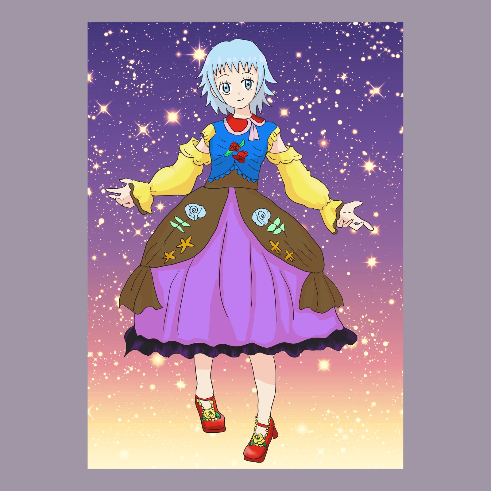 水色の髪の女の子が、きらめく星空を背に、ふくらんだ茶色と紫のドレスで立つ全身イラスト