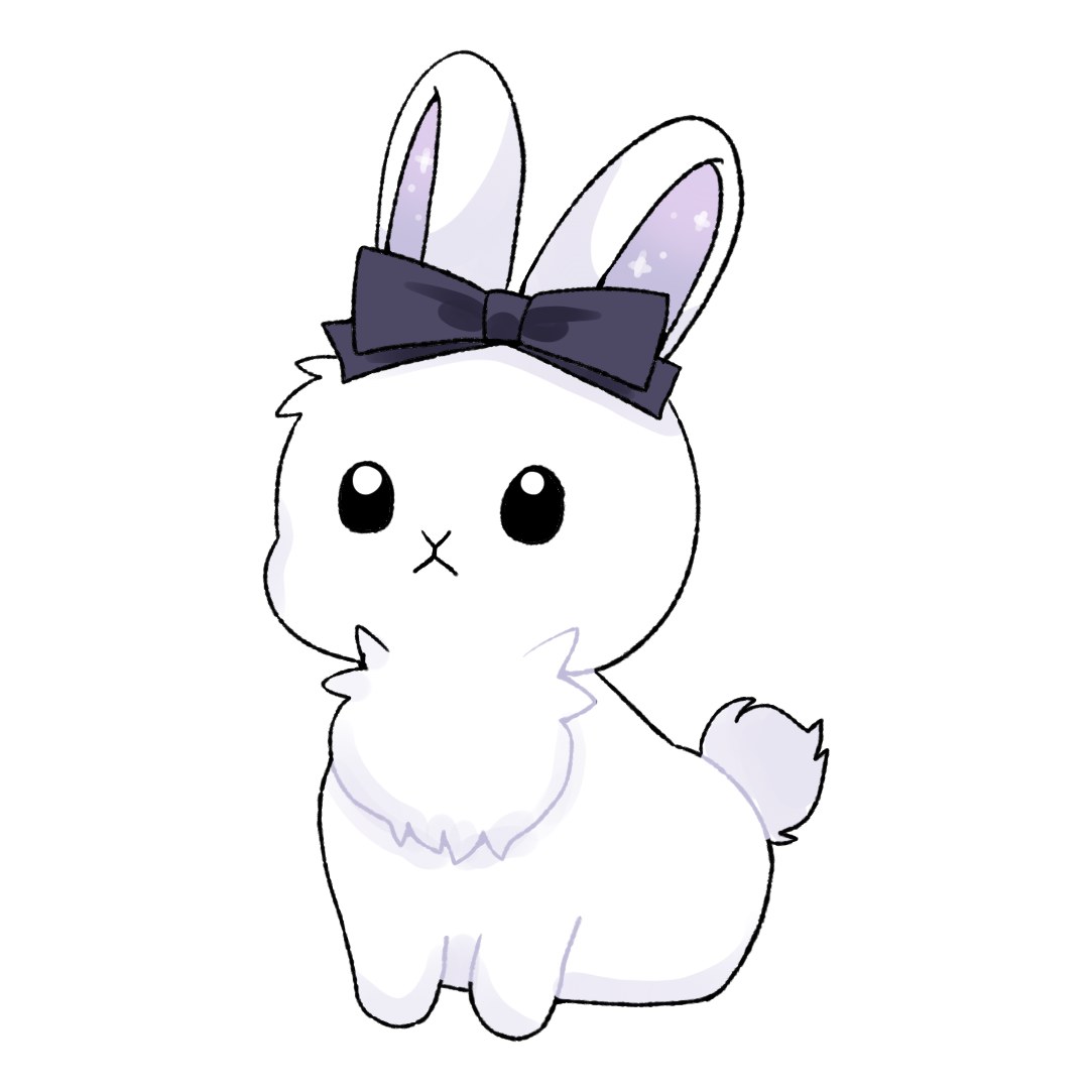 紺色のリボンを頭にのせた、白くてふわふわの子うさぎがちょこんと座っているイラスト