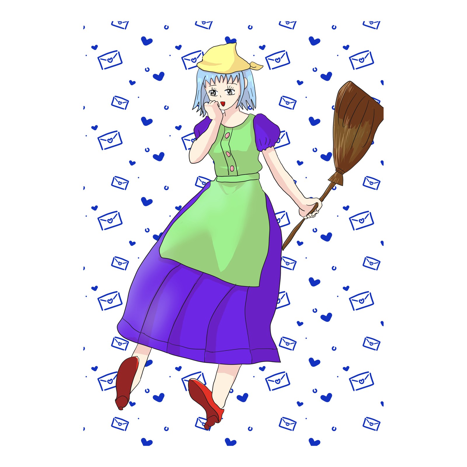 ほうきを手にした魔女の女の子が、青い手紙とハートの模様の中を歩くイラスト