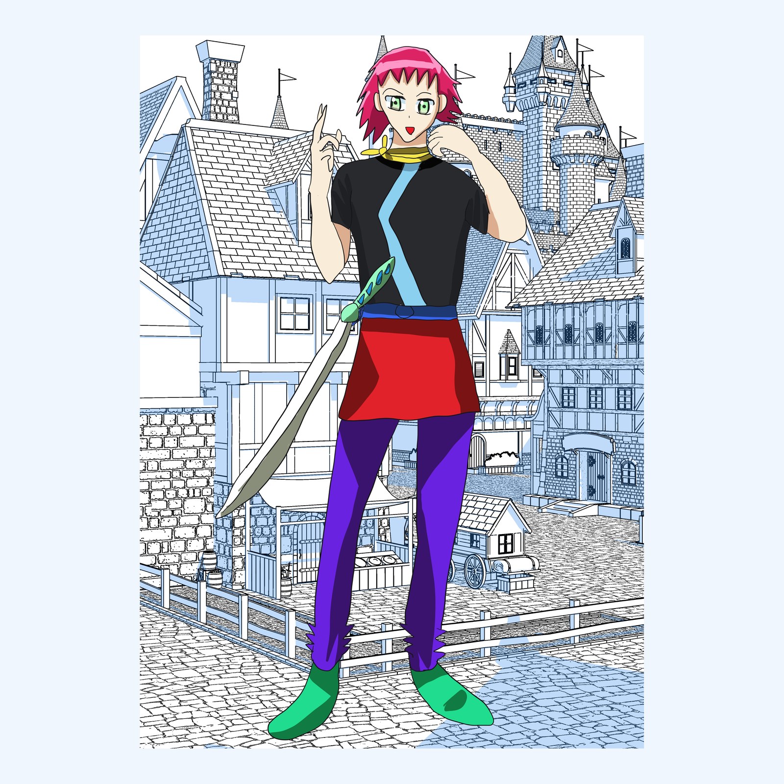 ピンク色の髪の少年が大きな剣を持ち、石畳の街並みを背にして立つイラスト