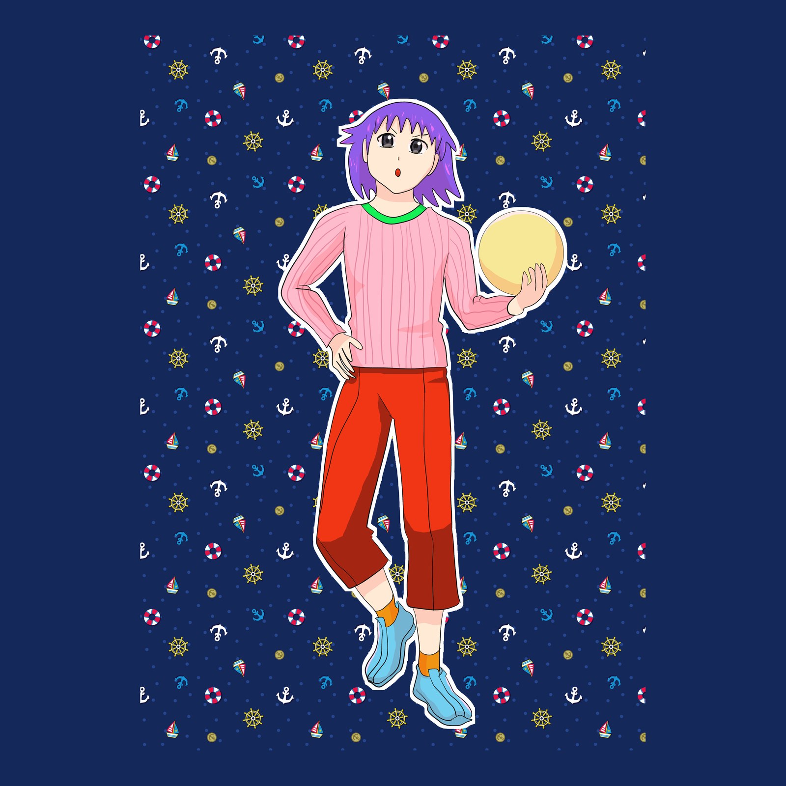 紺色のいかり柄の背景で、ピンクのセーターと赤いパンツの紫髪の女の子が黄色いボールを持つイラスト