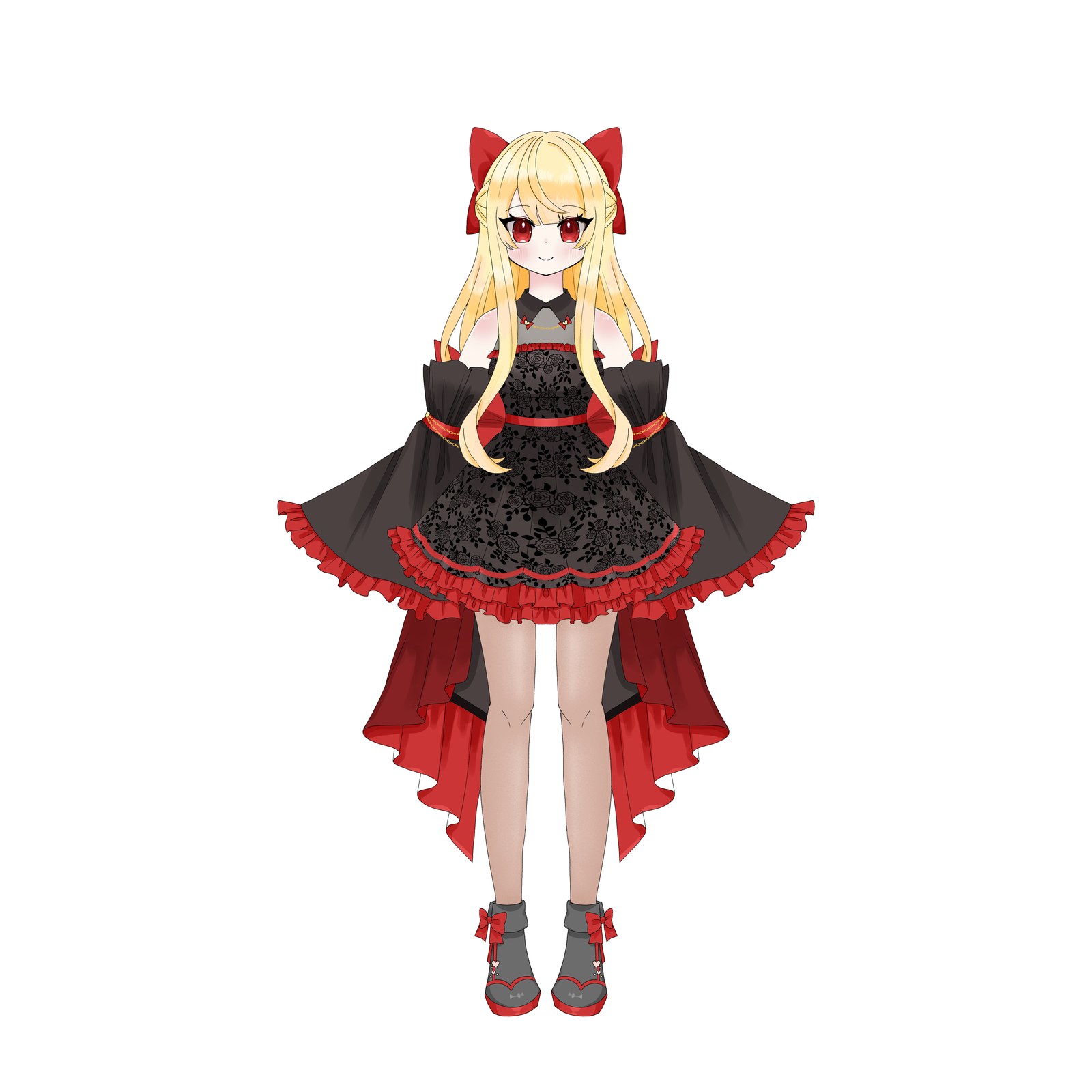 金髪に赤い大きなリボンをつけた赤い目の女の子が、黒い薔薇柄のゴシックドレスで正面に立つ立ち絵