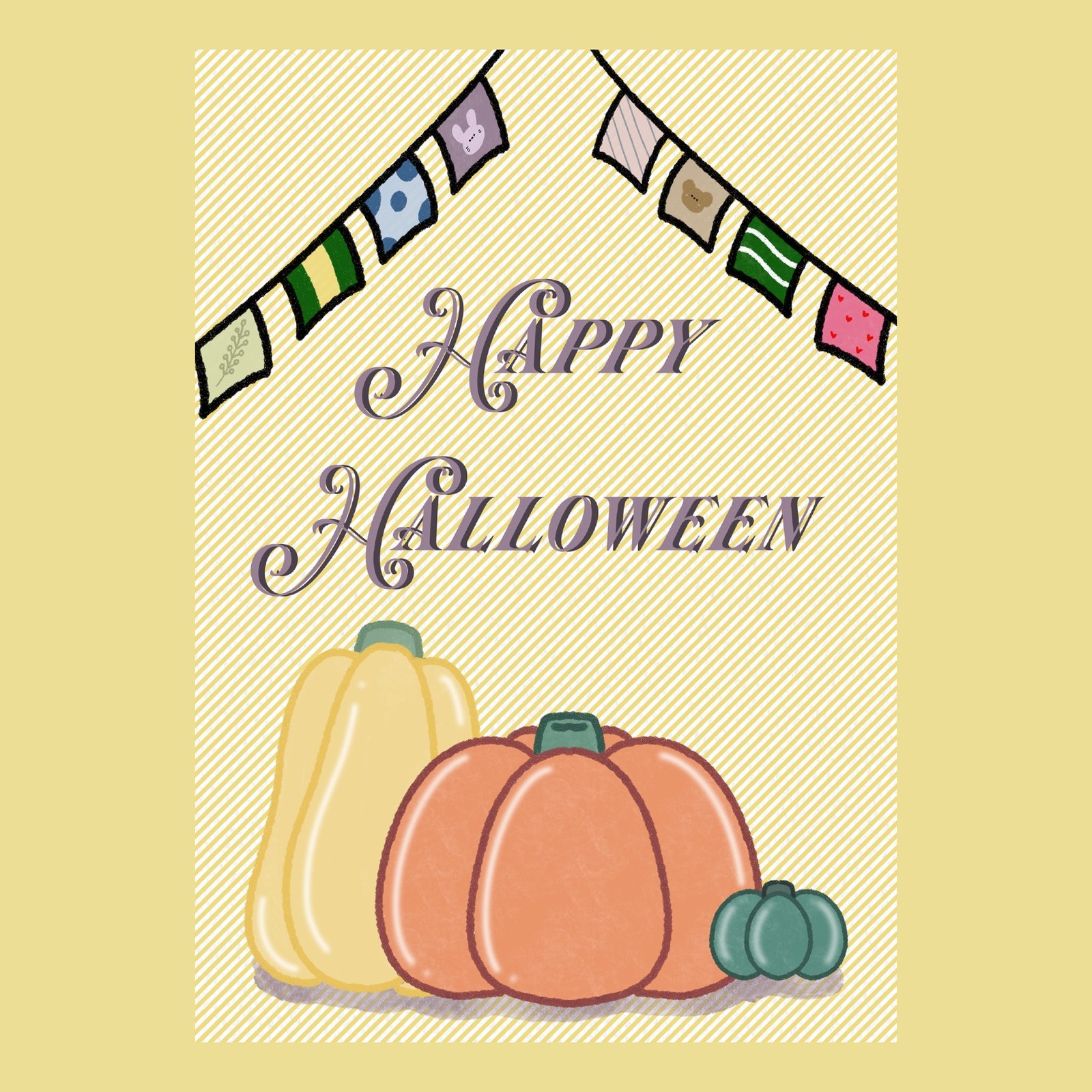 ストライプ背景に三つのかぼちゃと三角旗のガーランド、ハッピーハロウィンの文字
