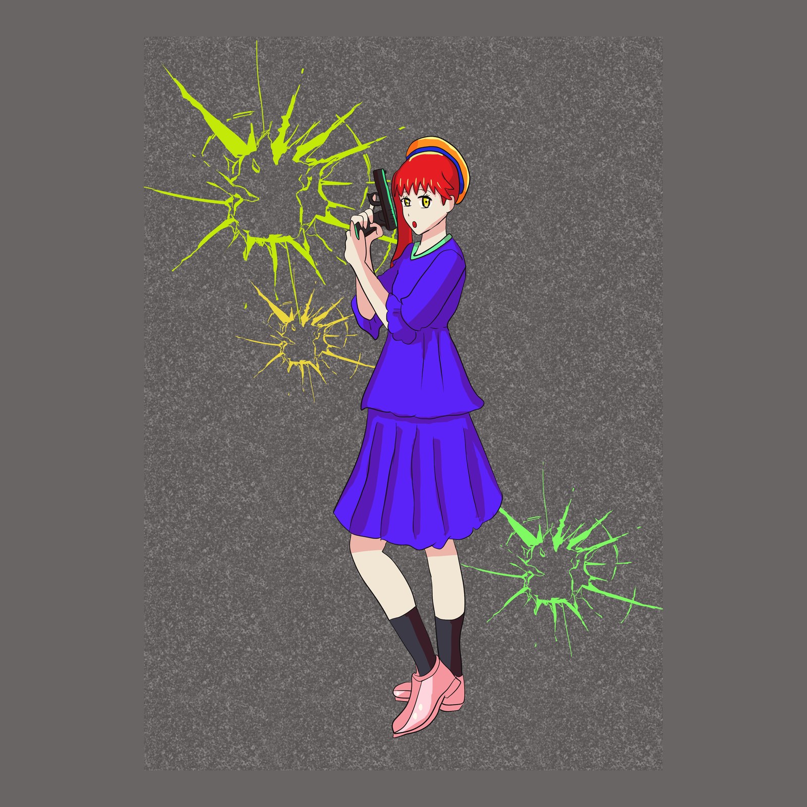 レトロなアニメ風の絵。紫の服と赤い髪の少女が銃を構え、背景の壁に弾痕のような光が散る