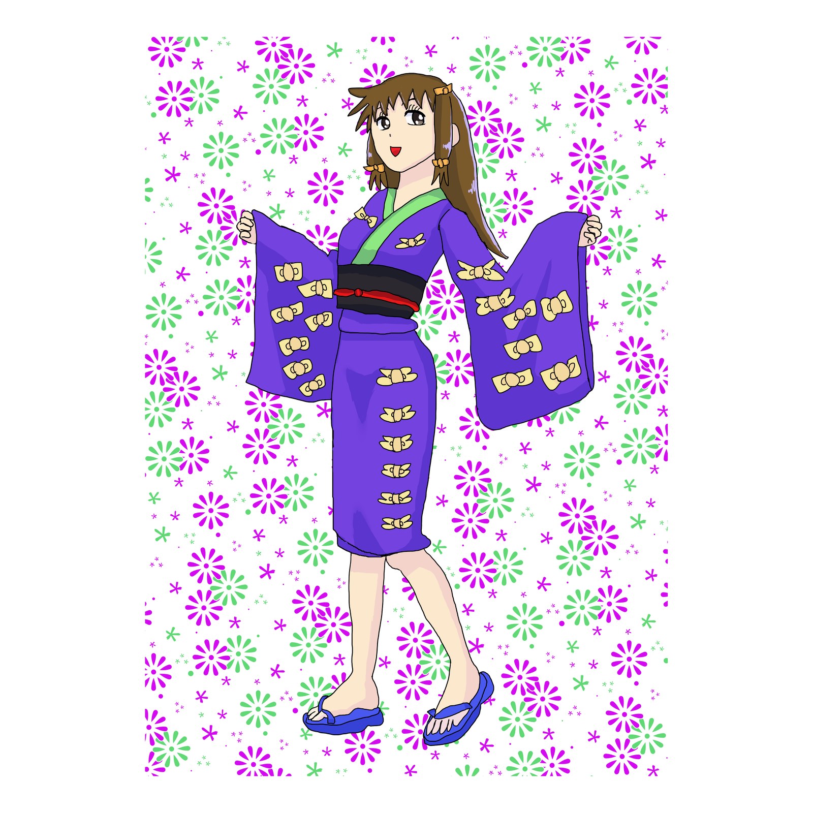 リボン模様の紫の浴衣を着た茶髪の女の子が、袖を広げて立つイラスト。背景は花模様