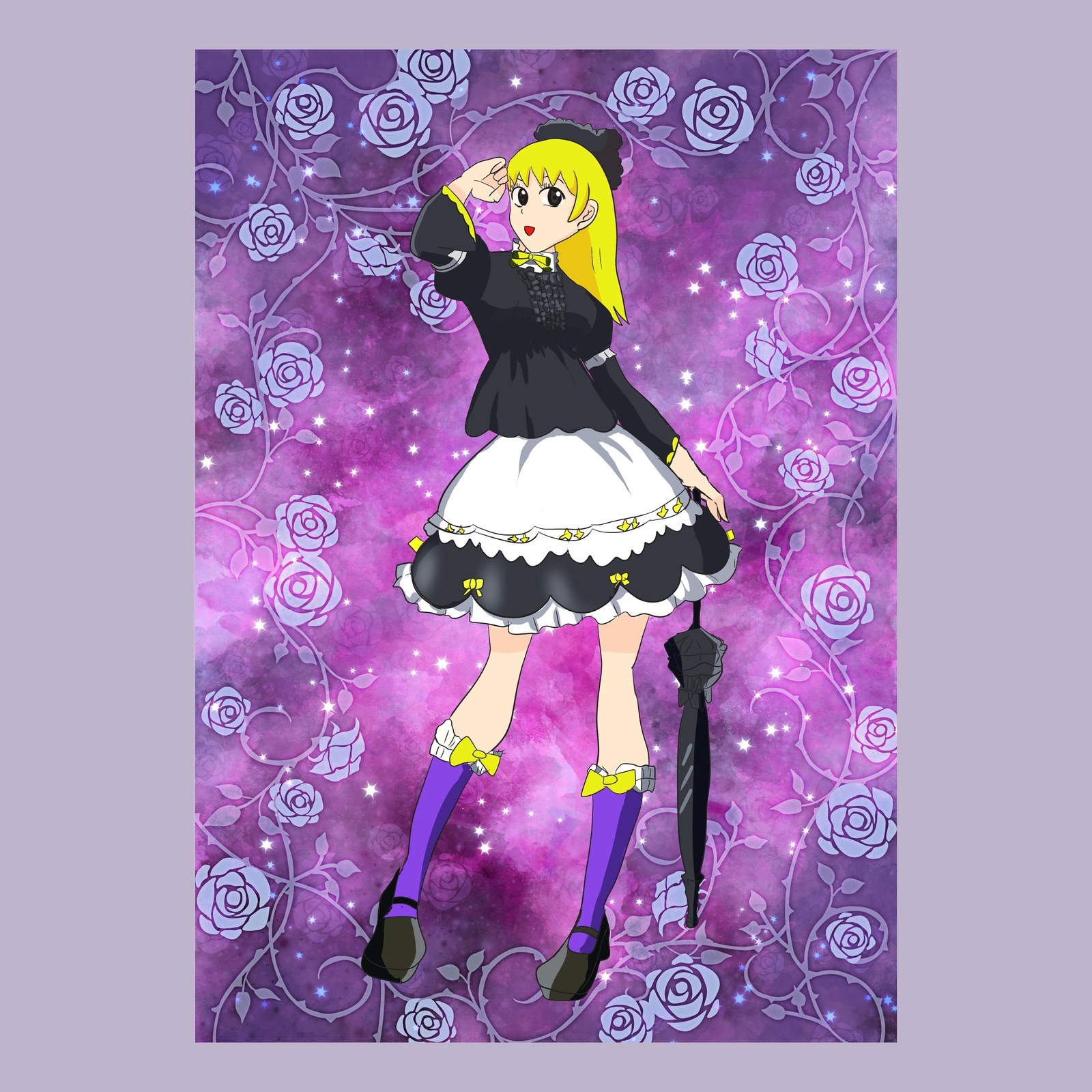 金髪の女の子が黒いゴシック調のドレス姿で、紫のニーソックスをはき黒い日傘を持つイラスト