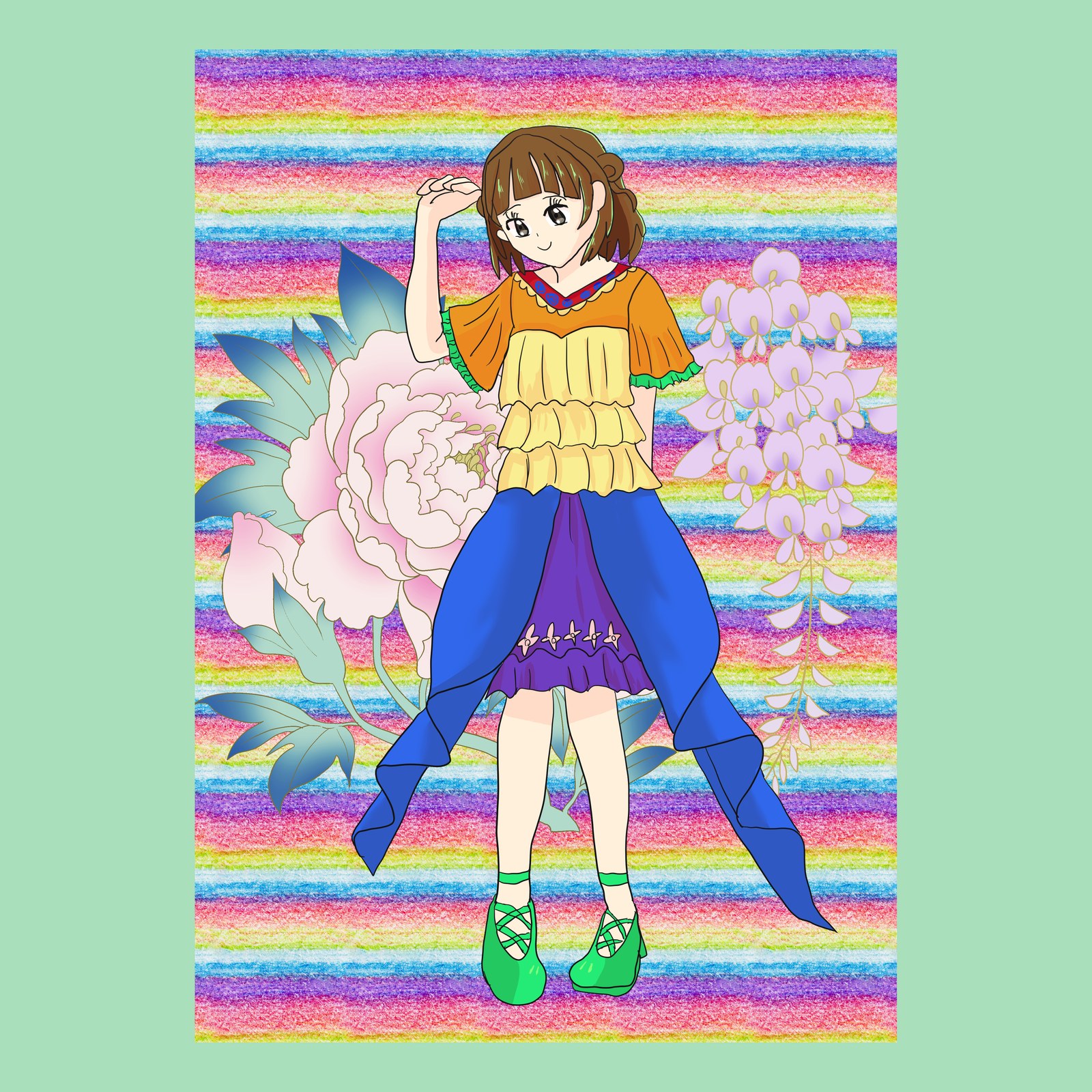 虹色のしま模様を背景に、オレンジと黄色の重ね着と青い巻きスカート姿の女の子。牡丹と藤の花も