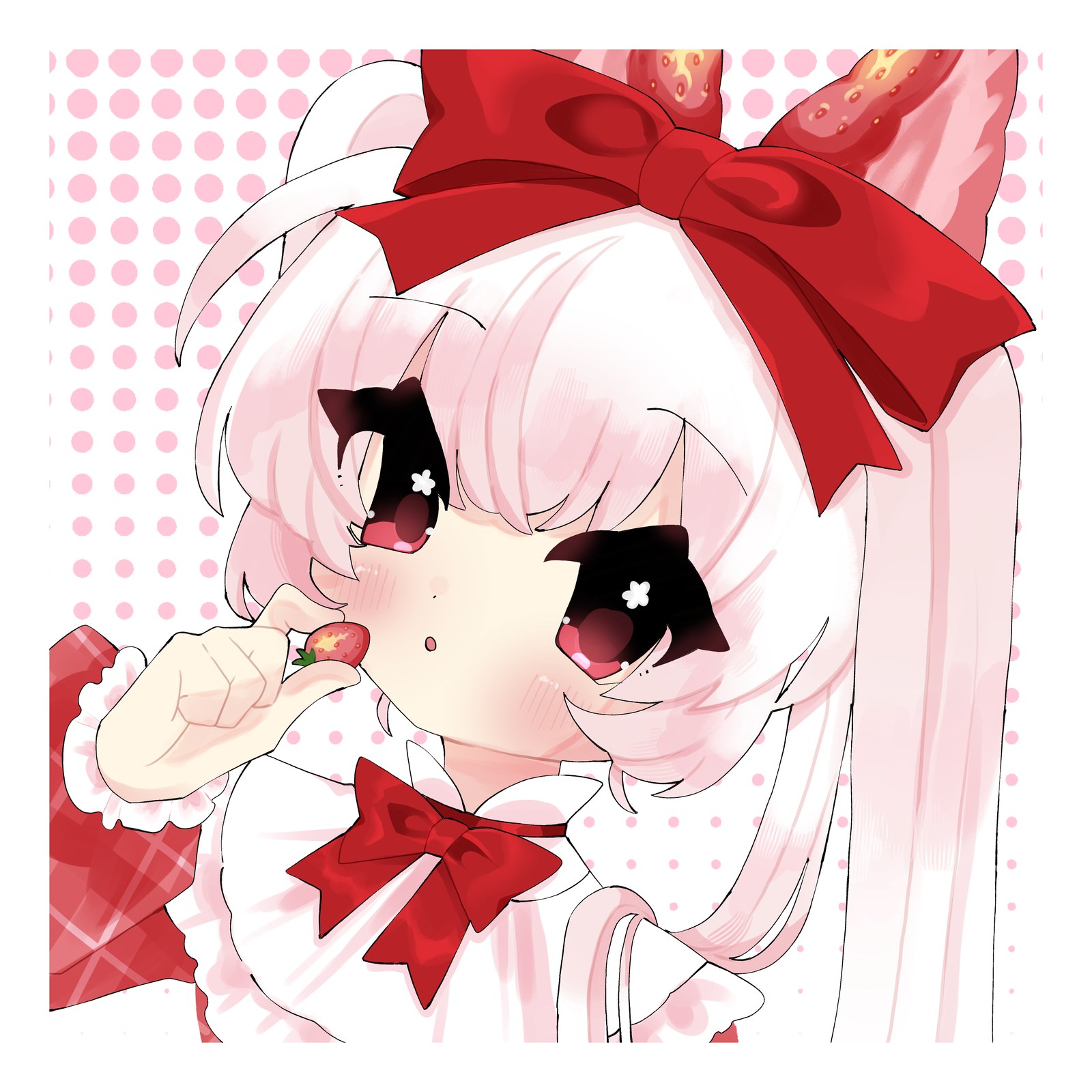 大きな赤いリボンをつけた桃色髪の女の子が、小さないちごを口もとに運ぶ上半身のイラスト