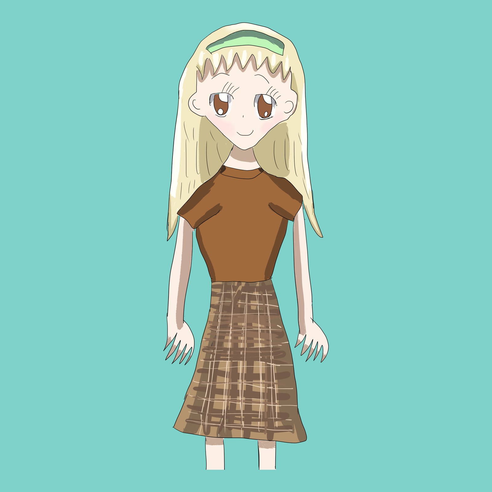 水色の背景に、緑のカチューシャと茶色いTシャツ、チェックのスカートを着た金髪の少女が立つ姿