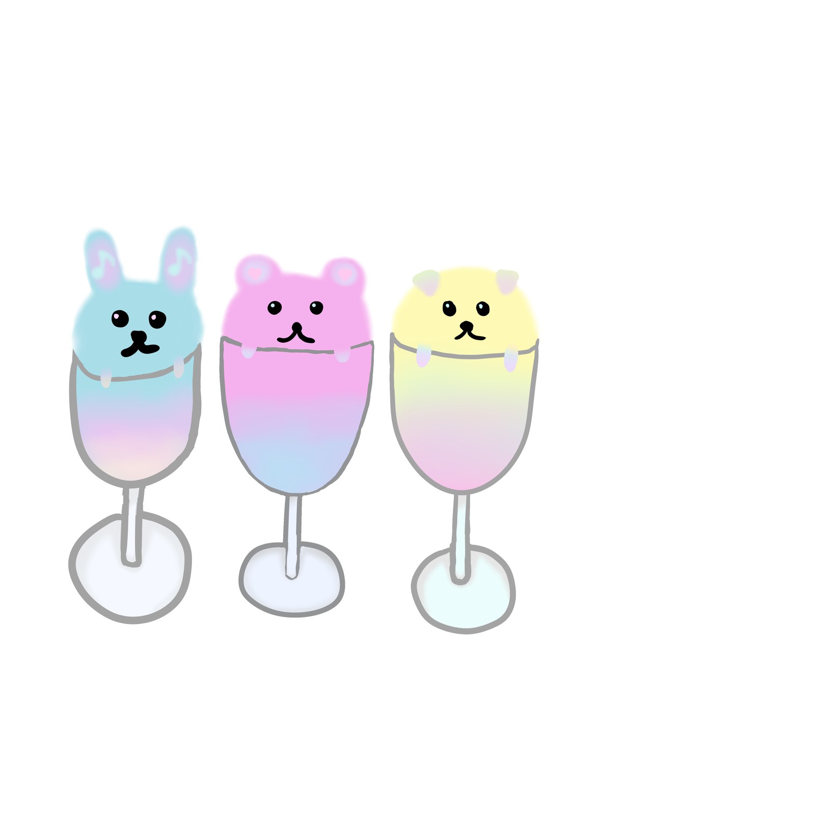 うさぎ・くま・ねこの顔をした、水色や桃色などパステル色の3杯のドリンクがグラスに並ぶ