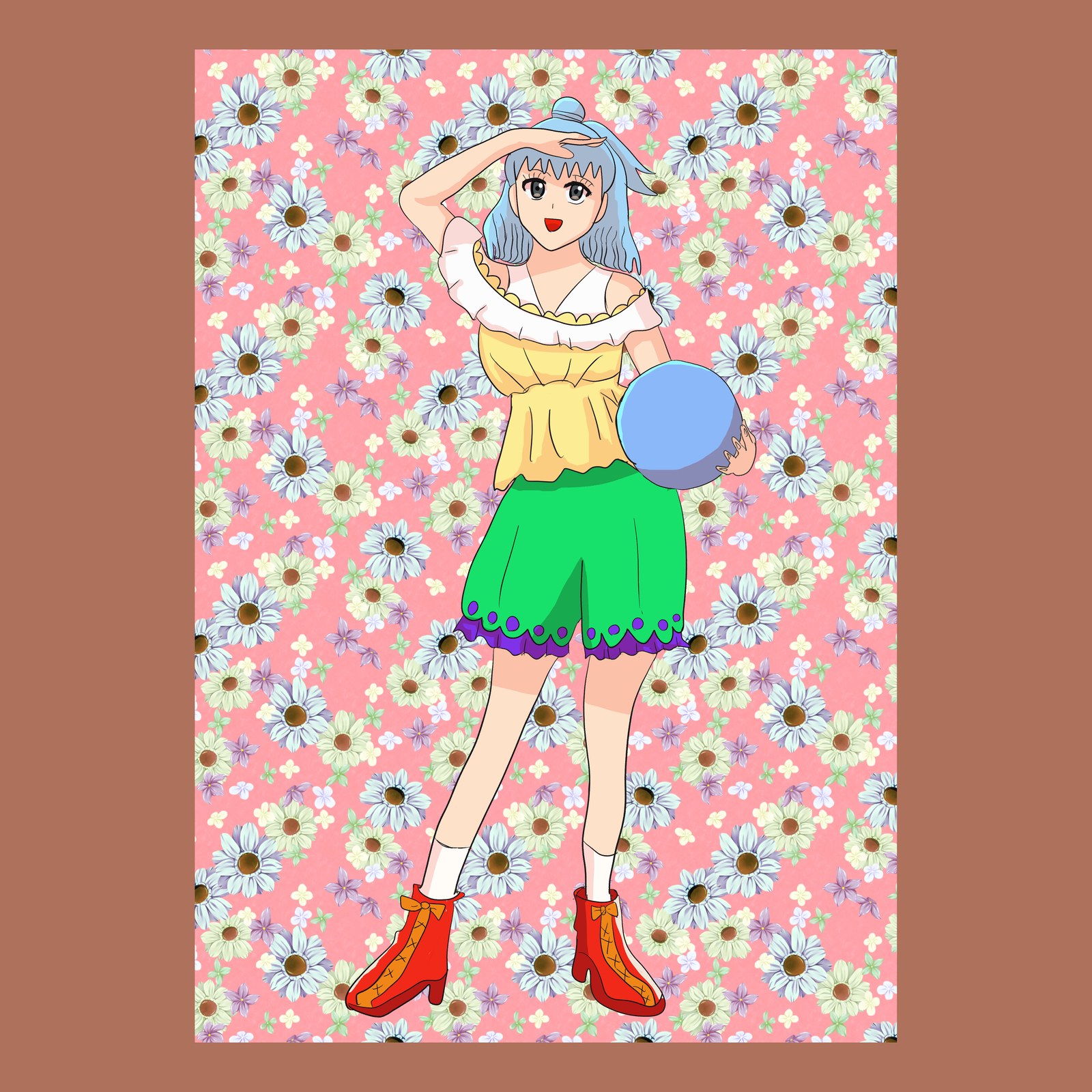 花柄のピンクの背景の前で、手をひざしにして笑い、青いボールを抱えた水色の髪の少女