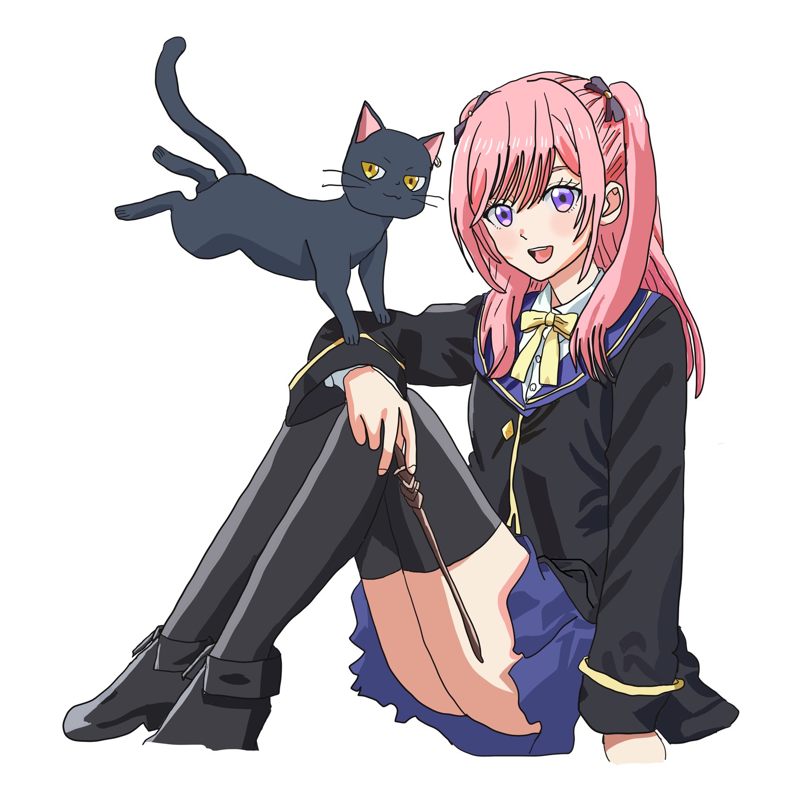 制服姿でひざを立てて座る桃色の髪の少女と、そのひざに乗る黒猫のイラスト