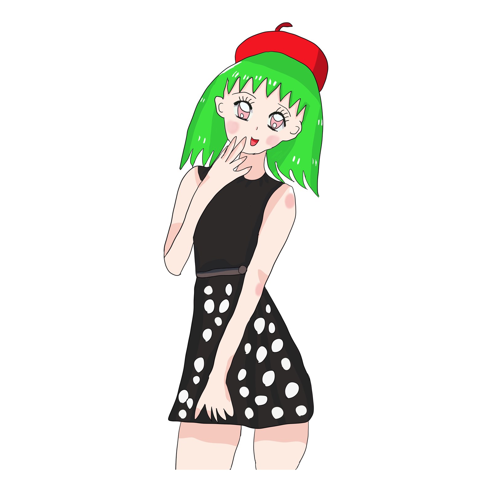 緑色の髪に赤いベレー帽をかぶり、黒地に白い水玉のワンピースを着た女の子の立ち絵