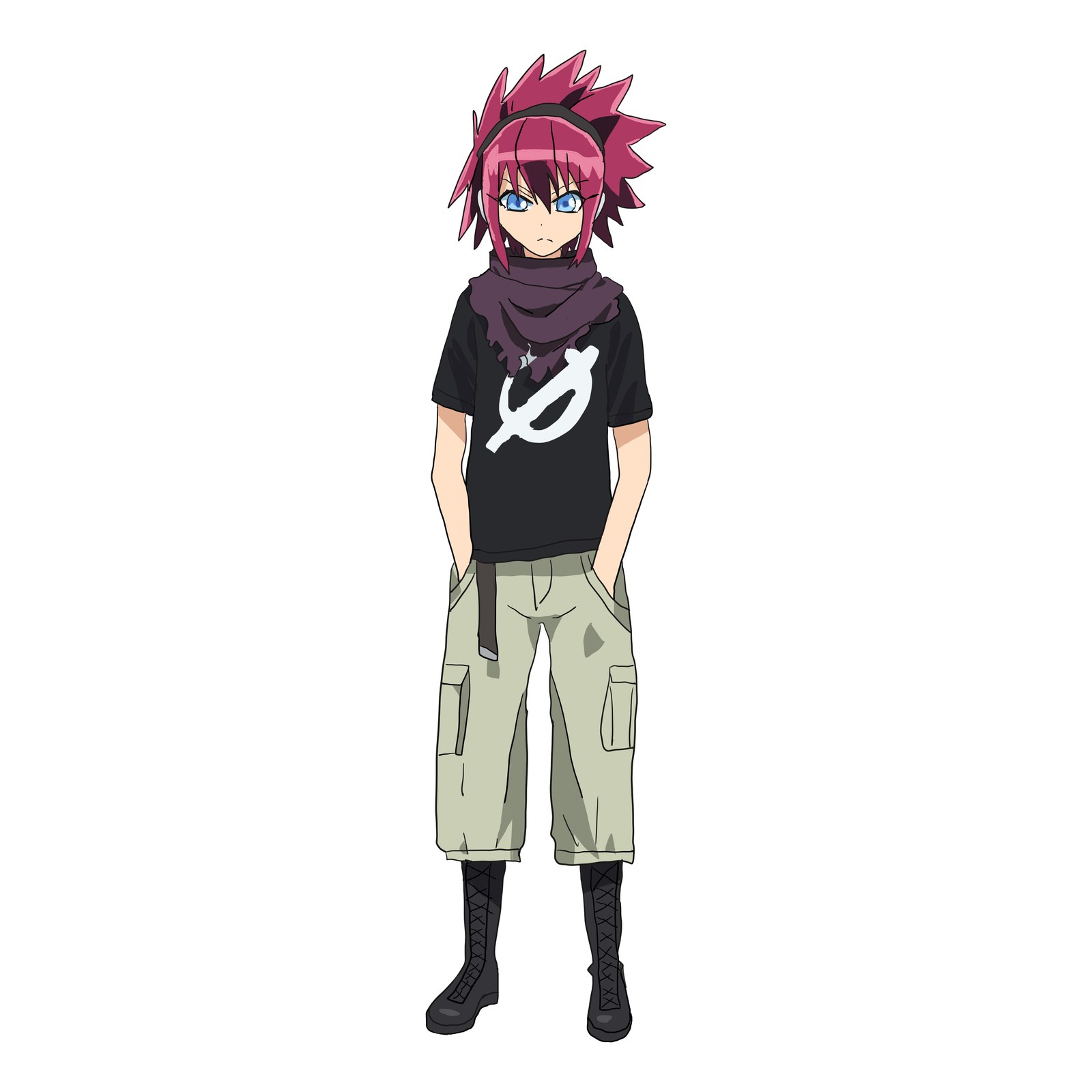 とげとげした赤い髪に紫のマフラー、黒いTシャツとカーゴパンツ姿の男の子の立ち絵