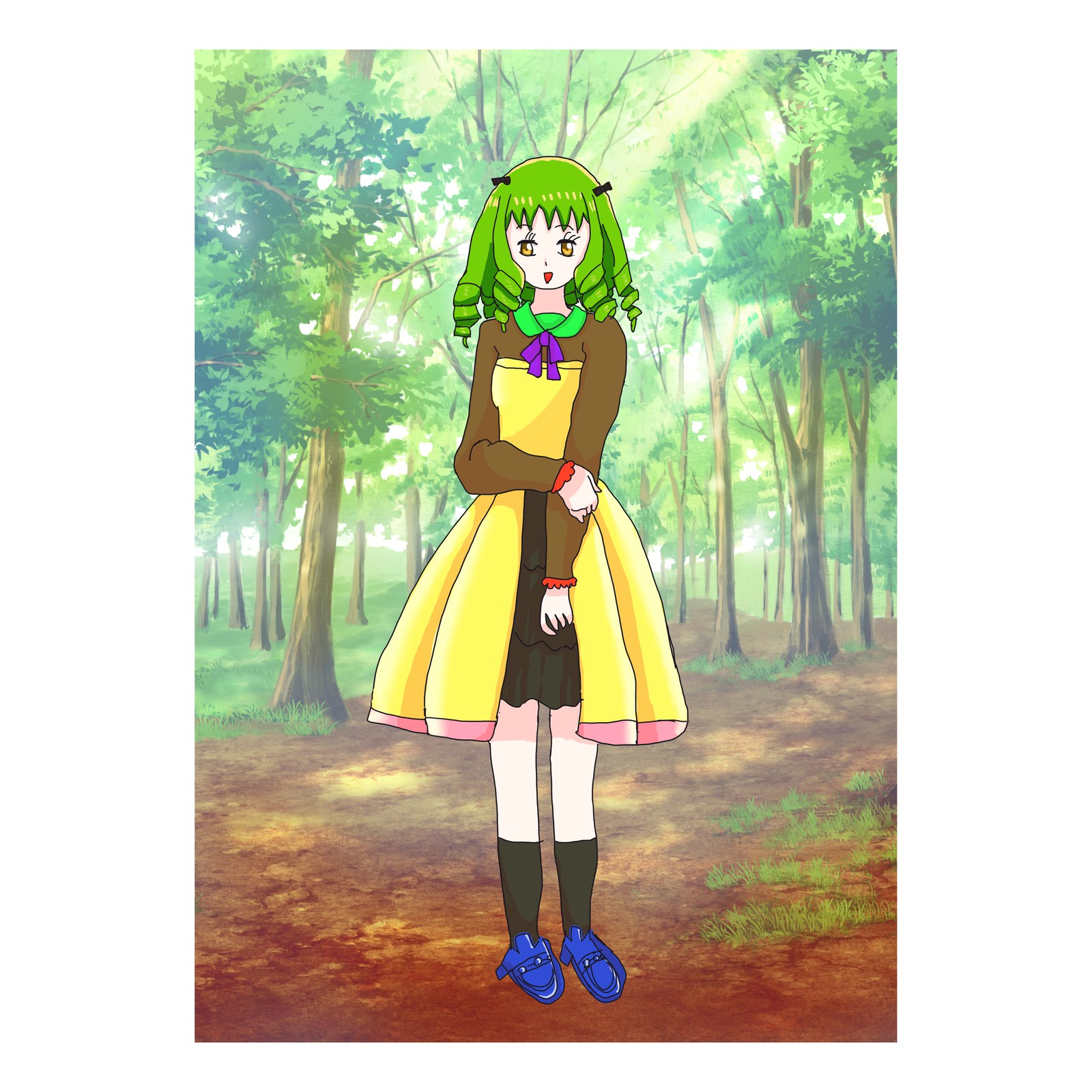 木もれ日がさす森の道で、緑の巻き髪の女の子が黄色いドレス姿で立っているイラスト