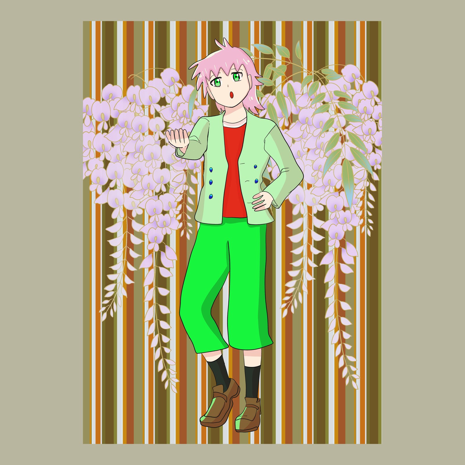 垂れ下がる藤の花を背に、桃色の髪と緑の瞳のキャラクターが薄緑の上着と緑のパンツで立つ姿。