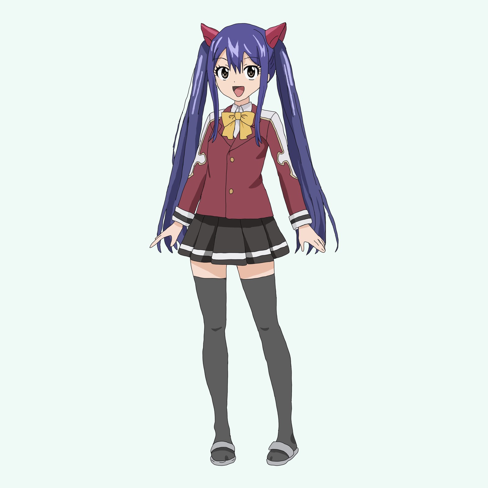 アニメ作品のキャラクターを描いた二次創作。紫のツインテールに赤い髪飾り、赤い制服姿の少女の全身像。
