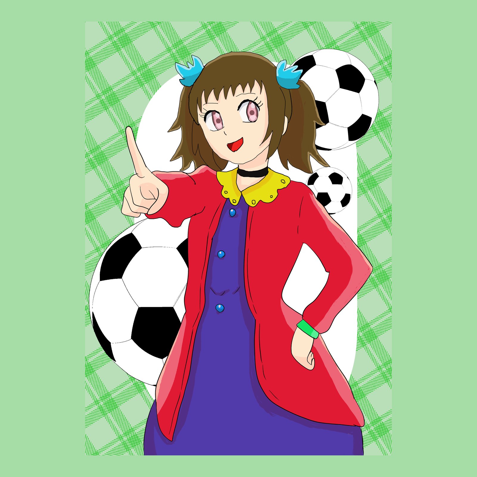 緑のチェック背景に、赤いコートの女の子が指を立てて笑い、サッカーボールが3つ浮かぶイラスト