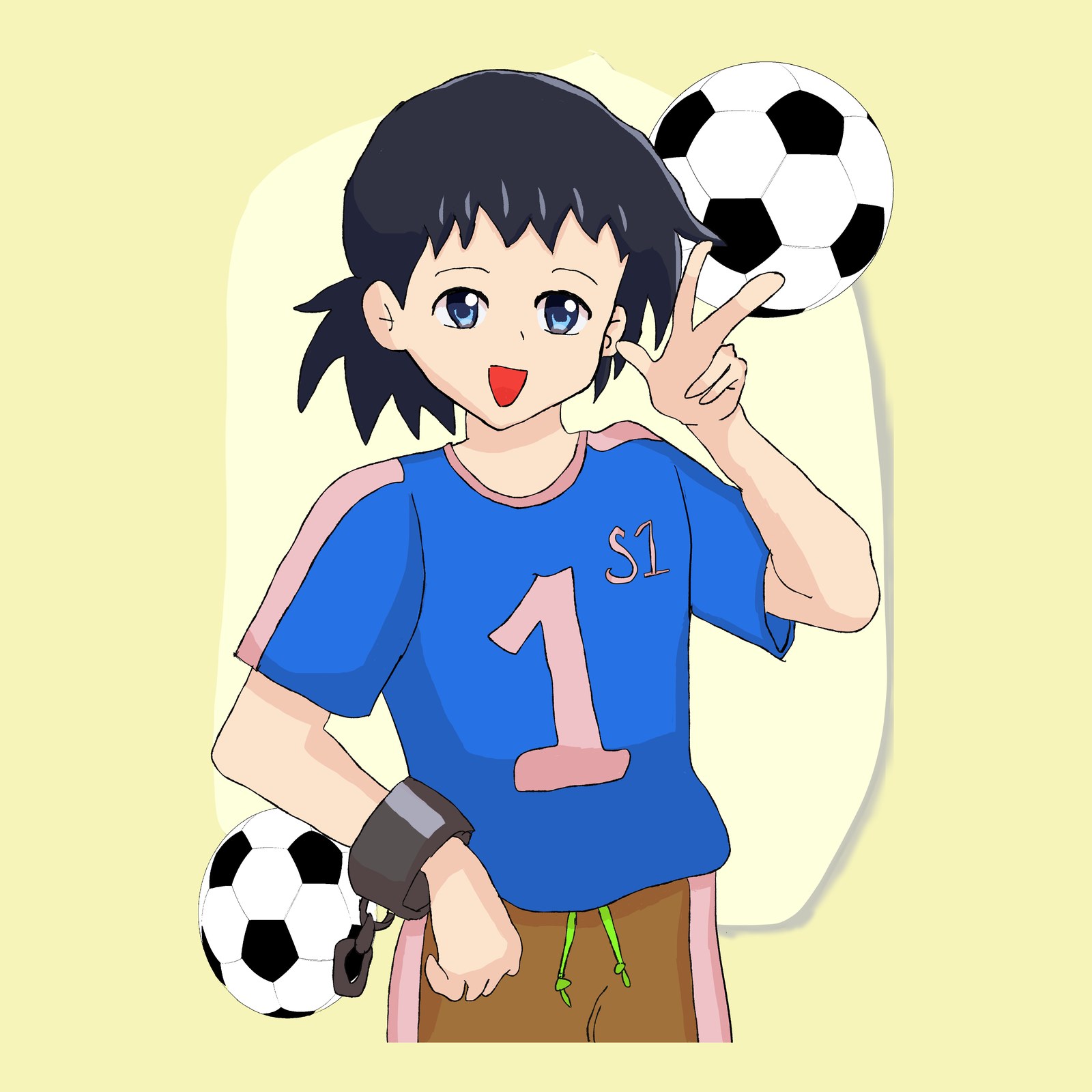 クリーム色の背景で、背番号1の青いユニフォームを着た黒髪の少年がピースをして笑うイラスト