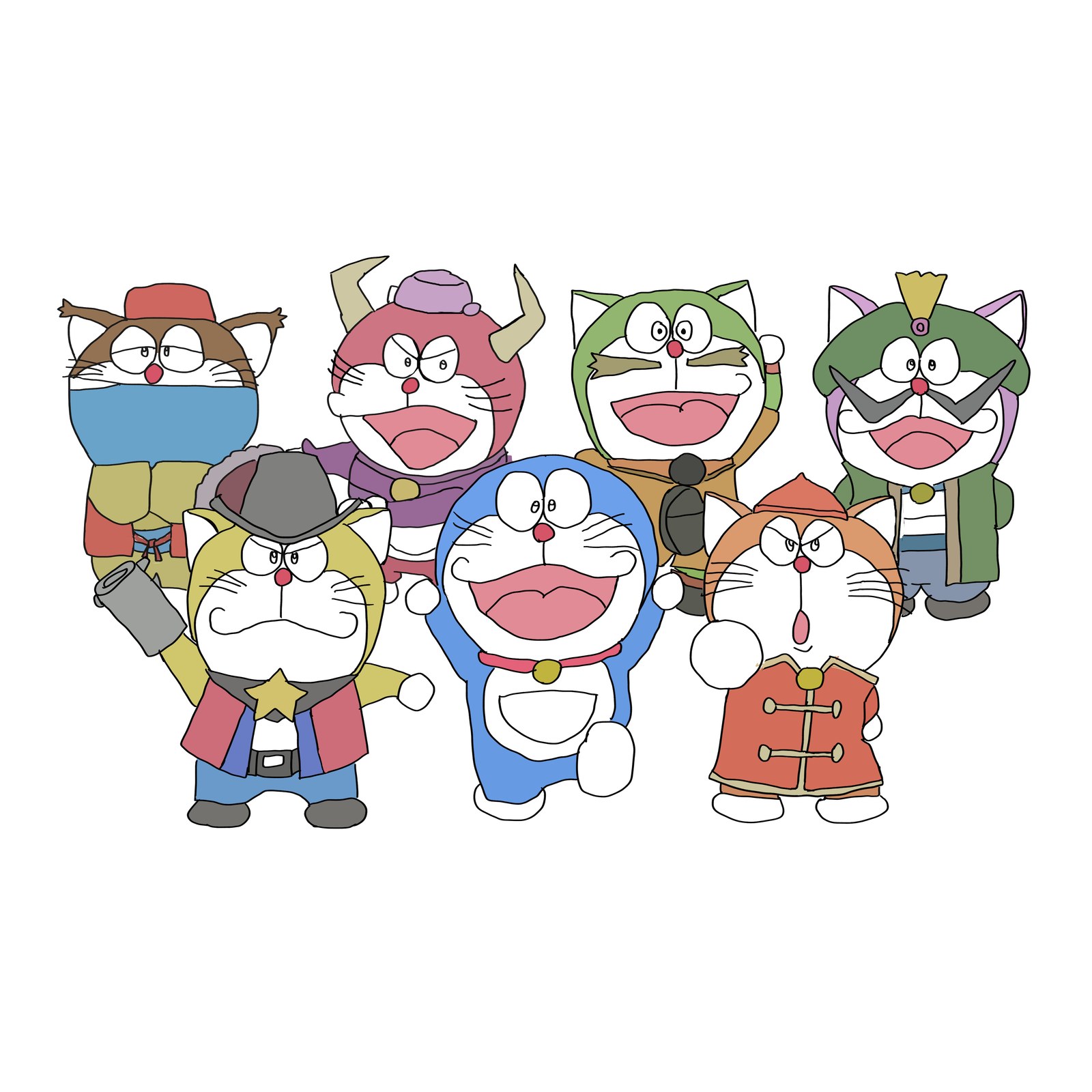 カウボーイや中国風の服など、いろいろな姿のドラえもん7人が並んで笑う二次創作イラスト