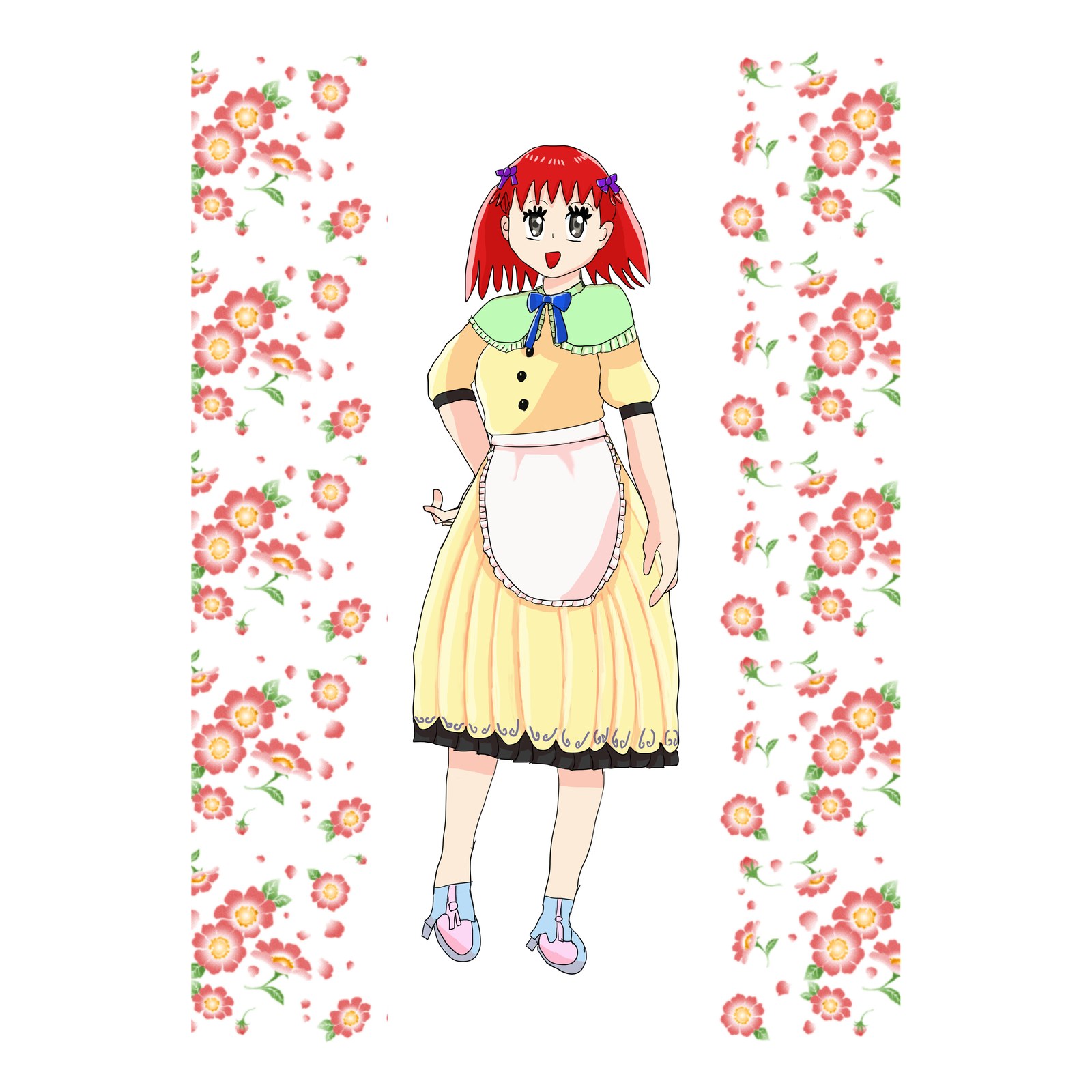 赤い髪の女の子が、緑のケープと白いエプロンをつけた黄色い服で立つ。背景は赤い花模様