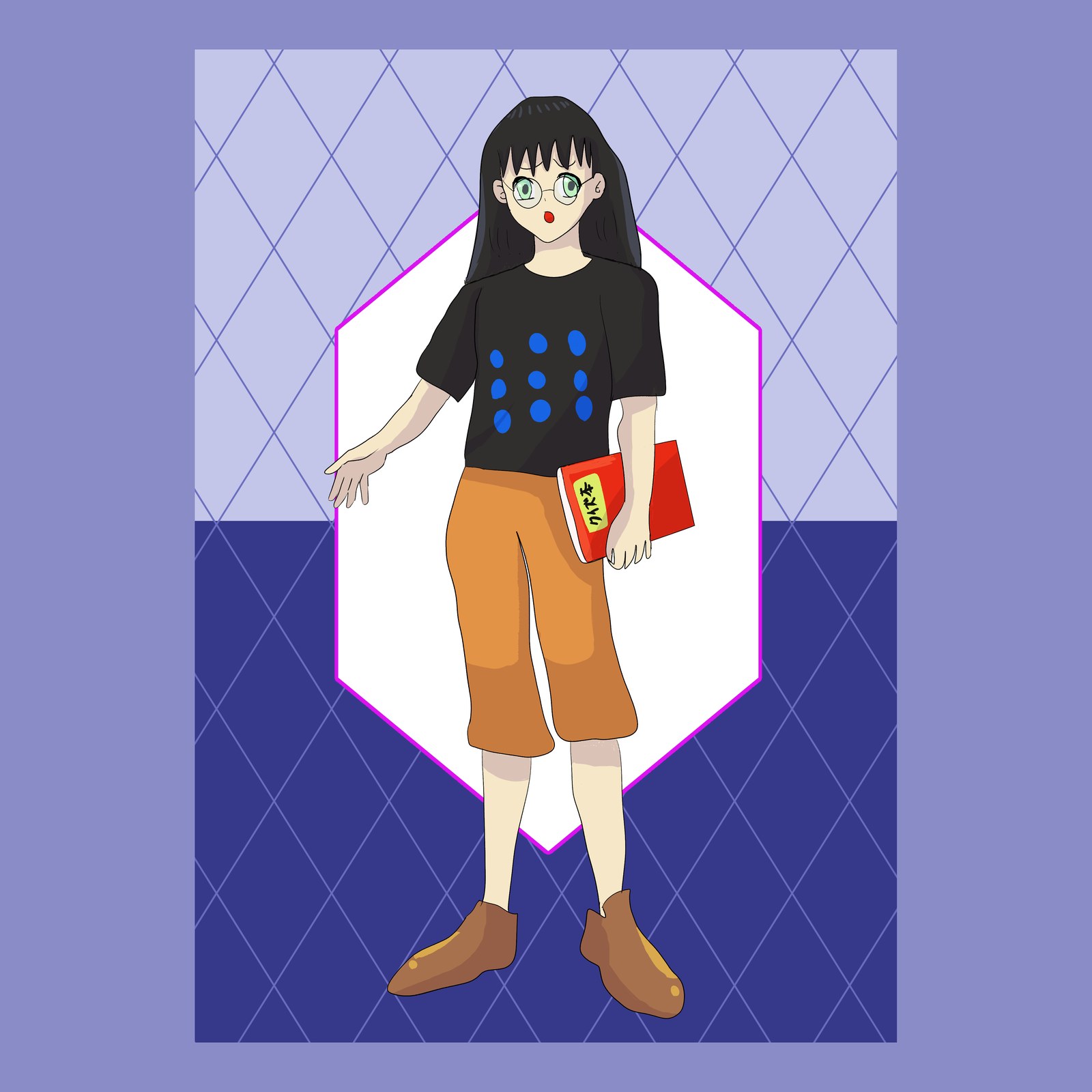 丸めがねをかけた黒髪の女の子が、赤い「クイズ本」を抱えて立つ。紫のひし形模様の背景