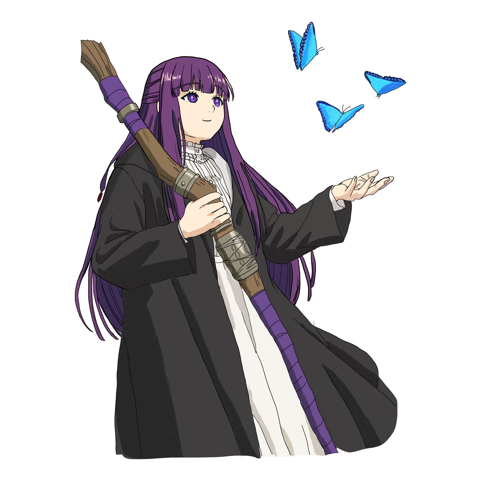 箒のような杖を抱え、青い蝶に手をのばす紫の長い髪で黒いローブ姿の魔法使いの少女