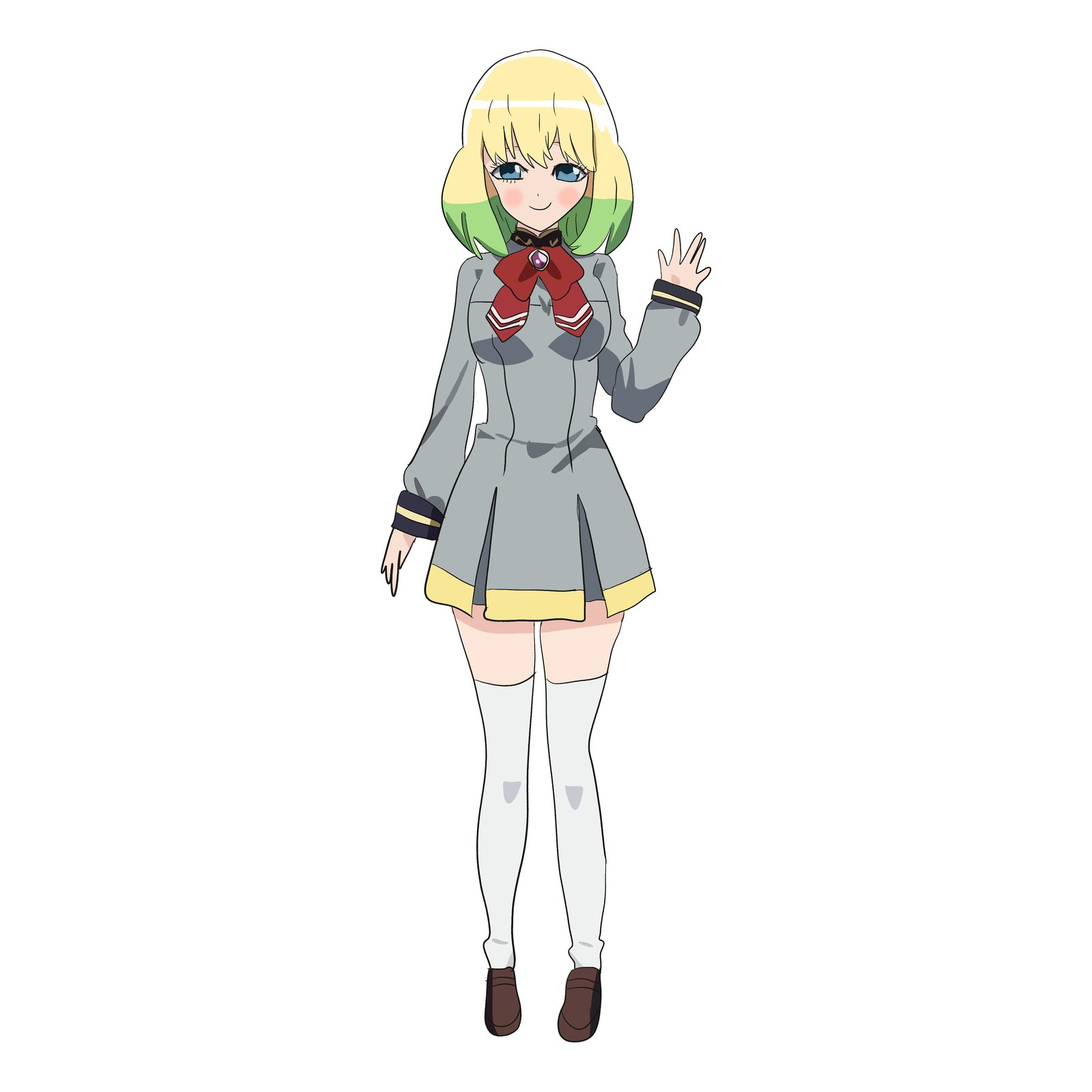 金髪から緑へ変わる髪と灰色の制服、赤いリボンの少女が手をあげて立つ全身の立ち絵