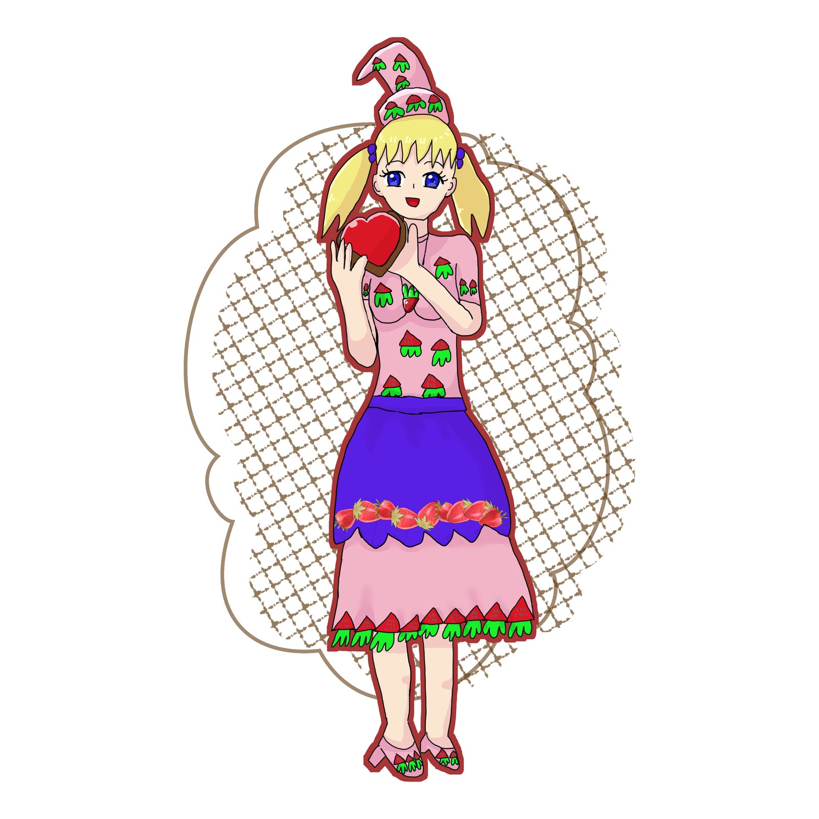 いちご柄の帽子とワンピース姿の金髪ツインテールの女の子が、ハート形のチョコを持つ絵