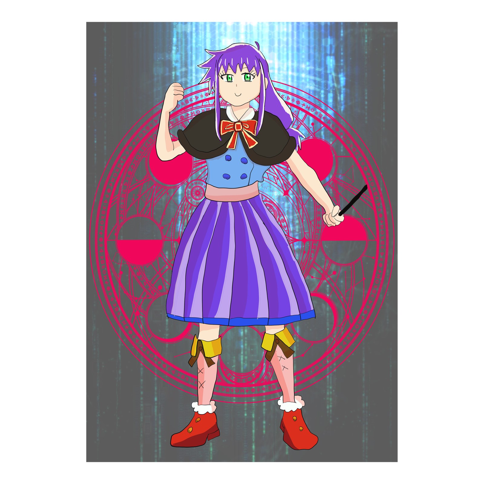 赤い魔法陣を背に、紫の髪の少女が杖を握り力強くポーズを決めているイラスト