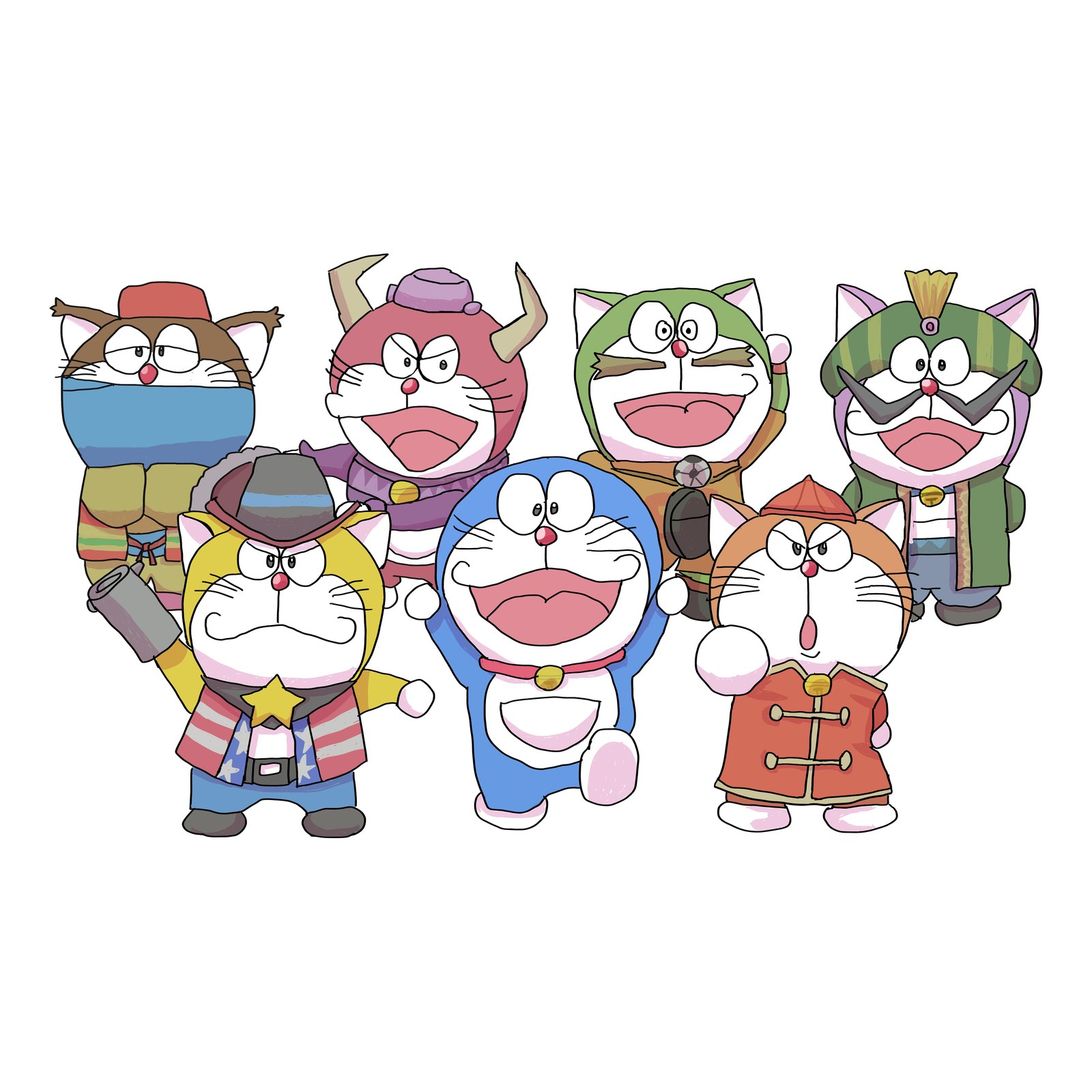 世界の衣装を着た7体のドラえもんが並んで、笑ったり構えたりしている集合イラスト