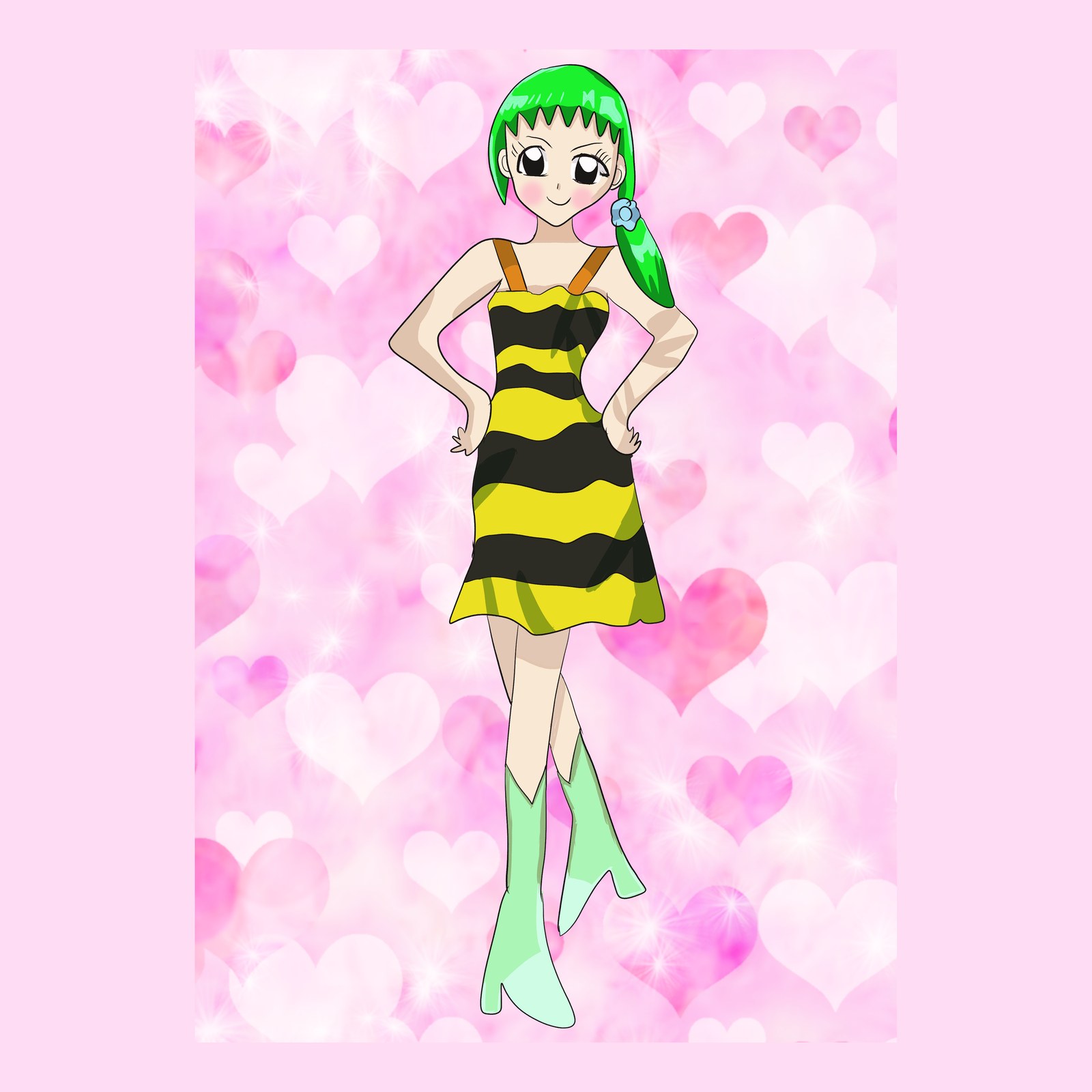 黄色と黒のしま模様のワンピースを着た緑の髪の少女が、腰に手をあてて立つ。背景はピンクのハート