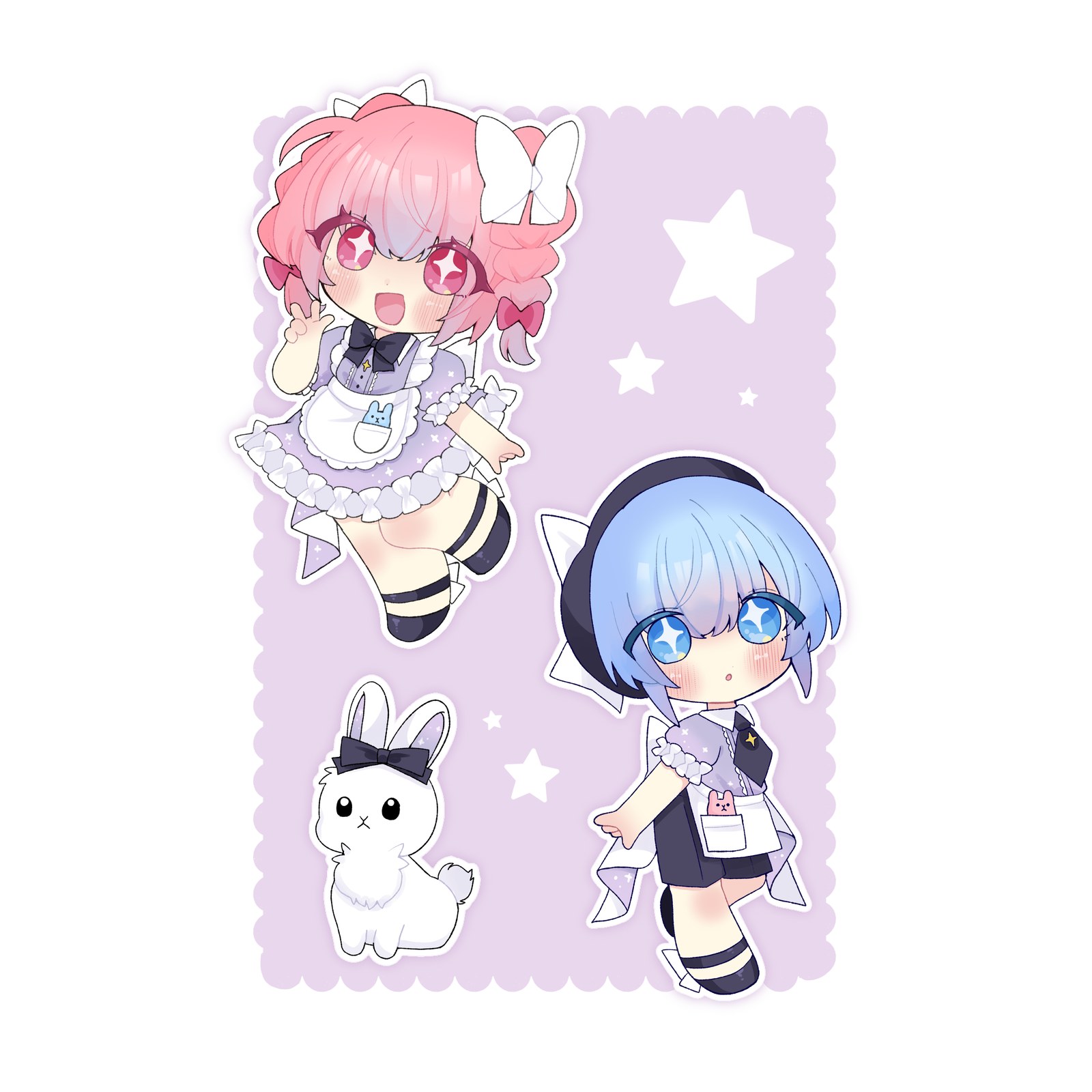 メイド服姿のピンク髪と青髪のちびキャラ二人と、黒いリボンの白いうさぎを並べたシール風の絵