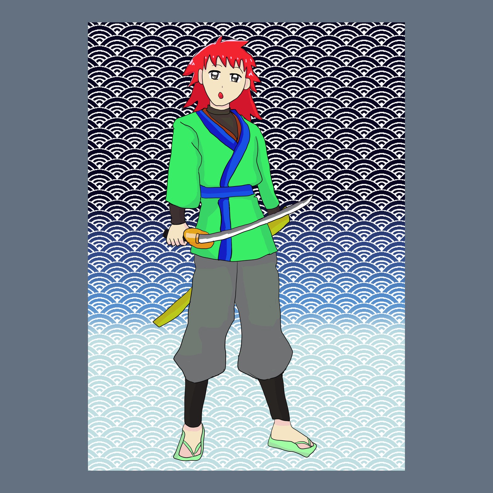 緑の着物と灰色のはかま姿の赤い髪の少年が、刀を手に立つ。背景は青海波のもよう