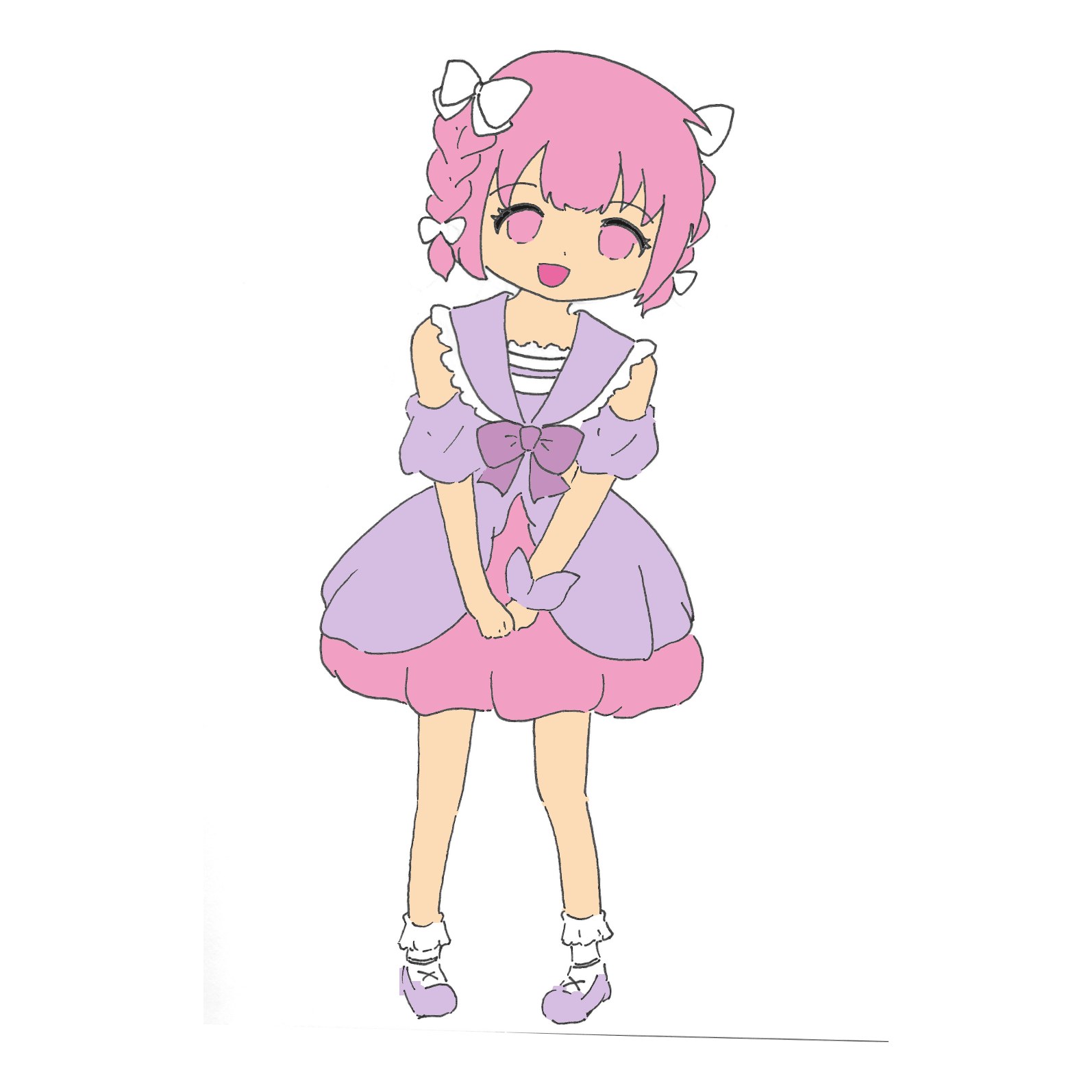 三つ編みに白いリボンを結んだ桃色の髪の女の子が、紫のドレスで笑顔で立つ全身イラスト