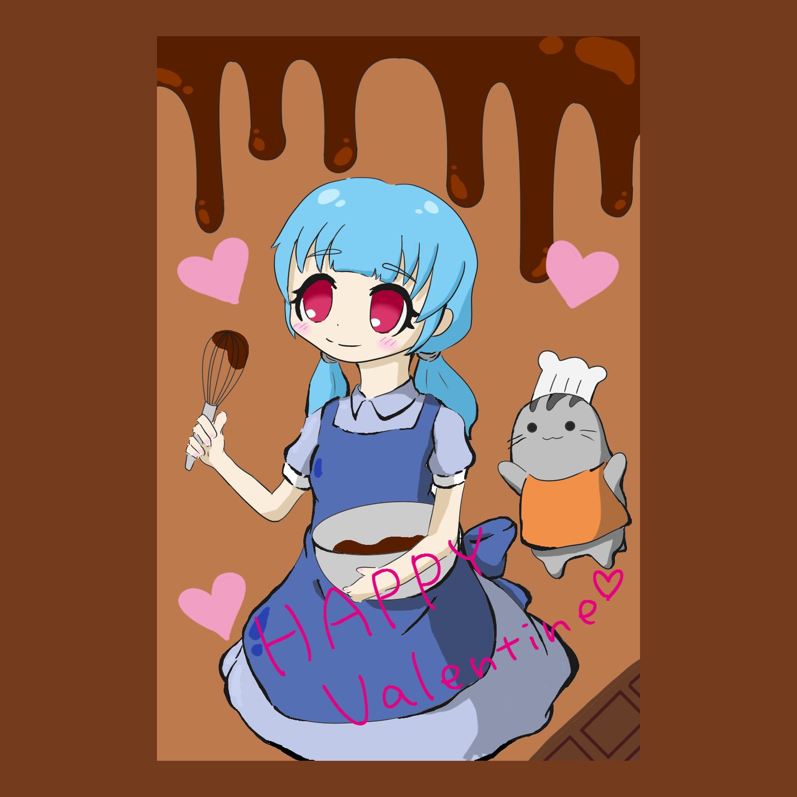 水色の髪の女の子がエプロン姿で泡立て器を手にチョコ作り。コック帽の猫も並ぶバレンタインのイラスト