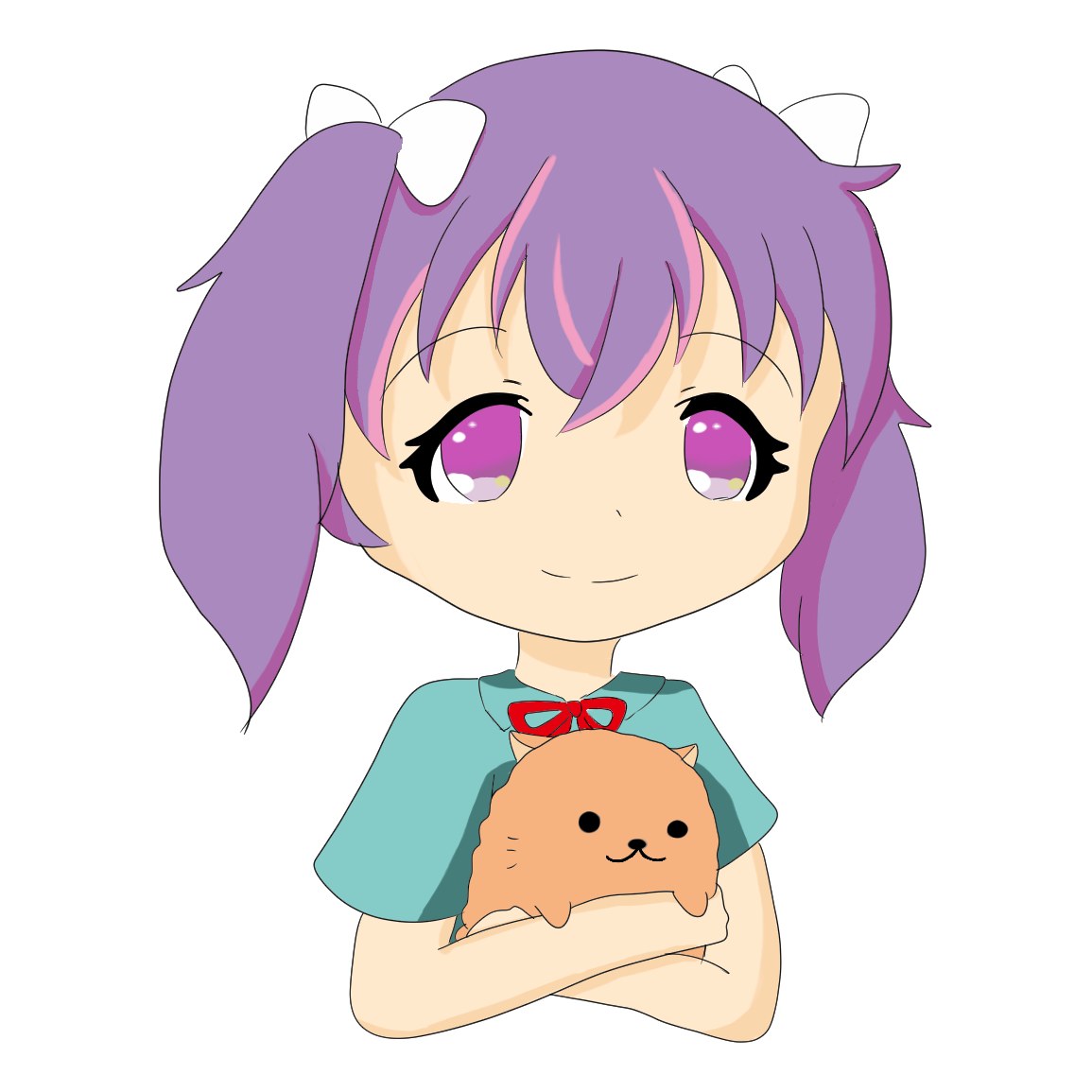 紫のツインテールの女の子が、ふわふわの子犬のぬいぐるみを両腕で抱きしめる上半身のイラスト
