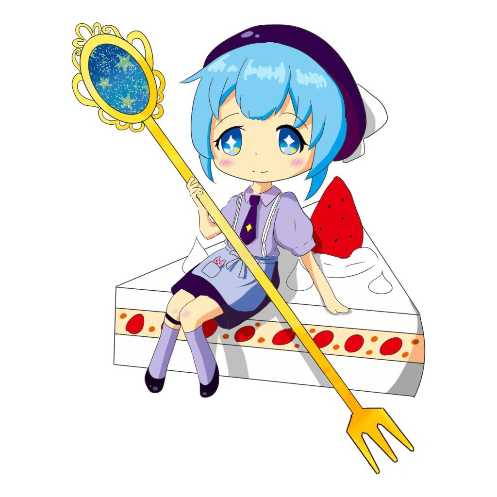 利用者作品：杖を持つ魔法少女がケーキに座るイラスト