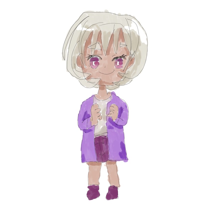 銀色の髪にむらさきの上着と靴下のちびキャラが、両手をにぎってほほえむイラスト
