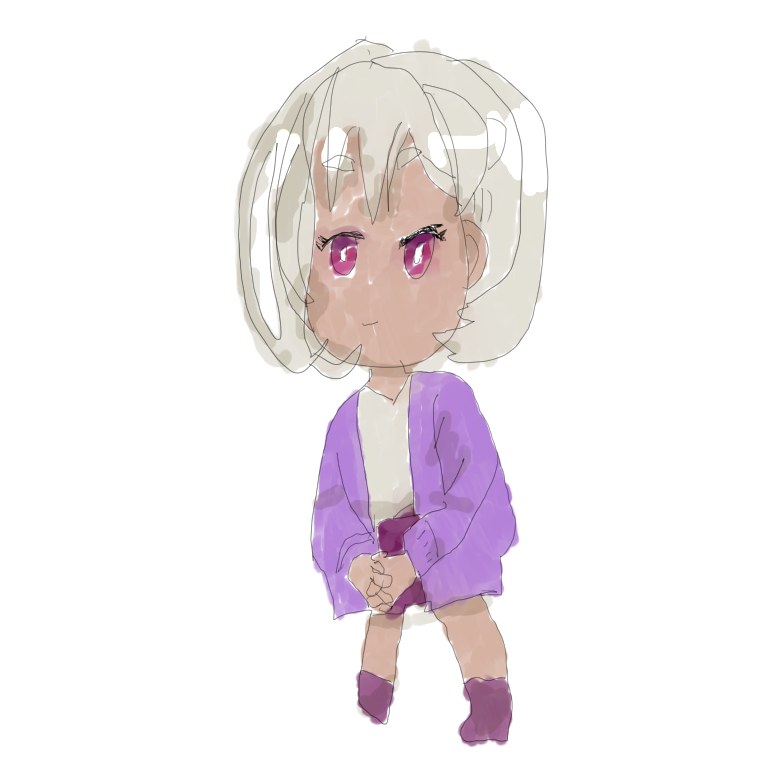 銀色の髪のちびキャラがむらさきの上着姿で、体の前で両手をそろえて立つイラスト