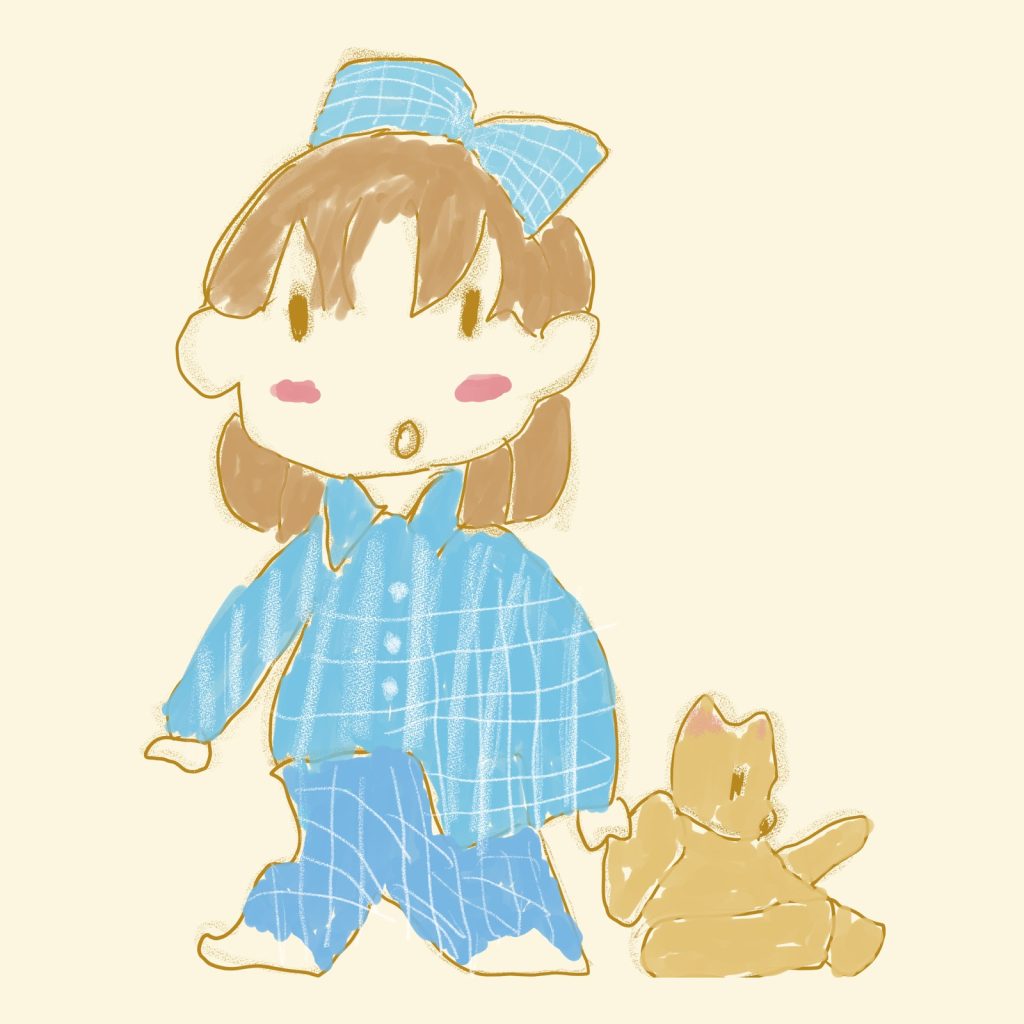 利用者作品:青いチェックのパジャマにリボンの子どもが、こいぬのぬいぐるみとならんで立つ絵
