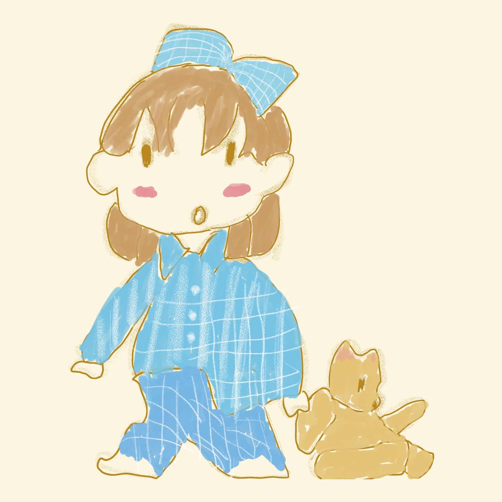 青いチェックのパジャマにリボンの子どもが、こいぬのぬいぐるみとならんで立つ絵